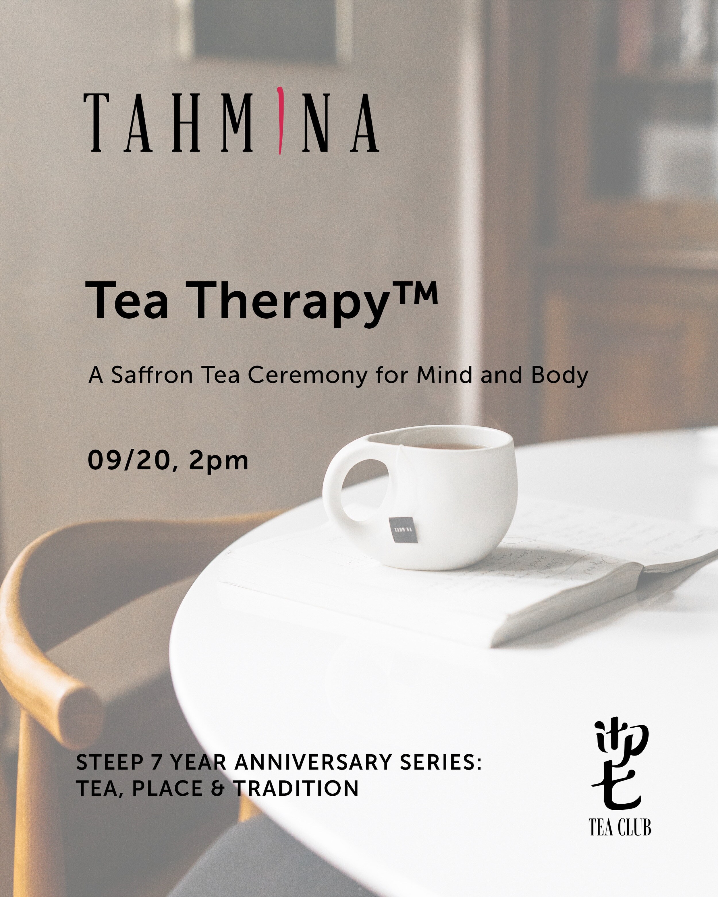 Minimal white Tea Therapy flyer for a saffron tea ceremony at Steep on September 20