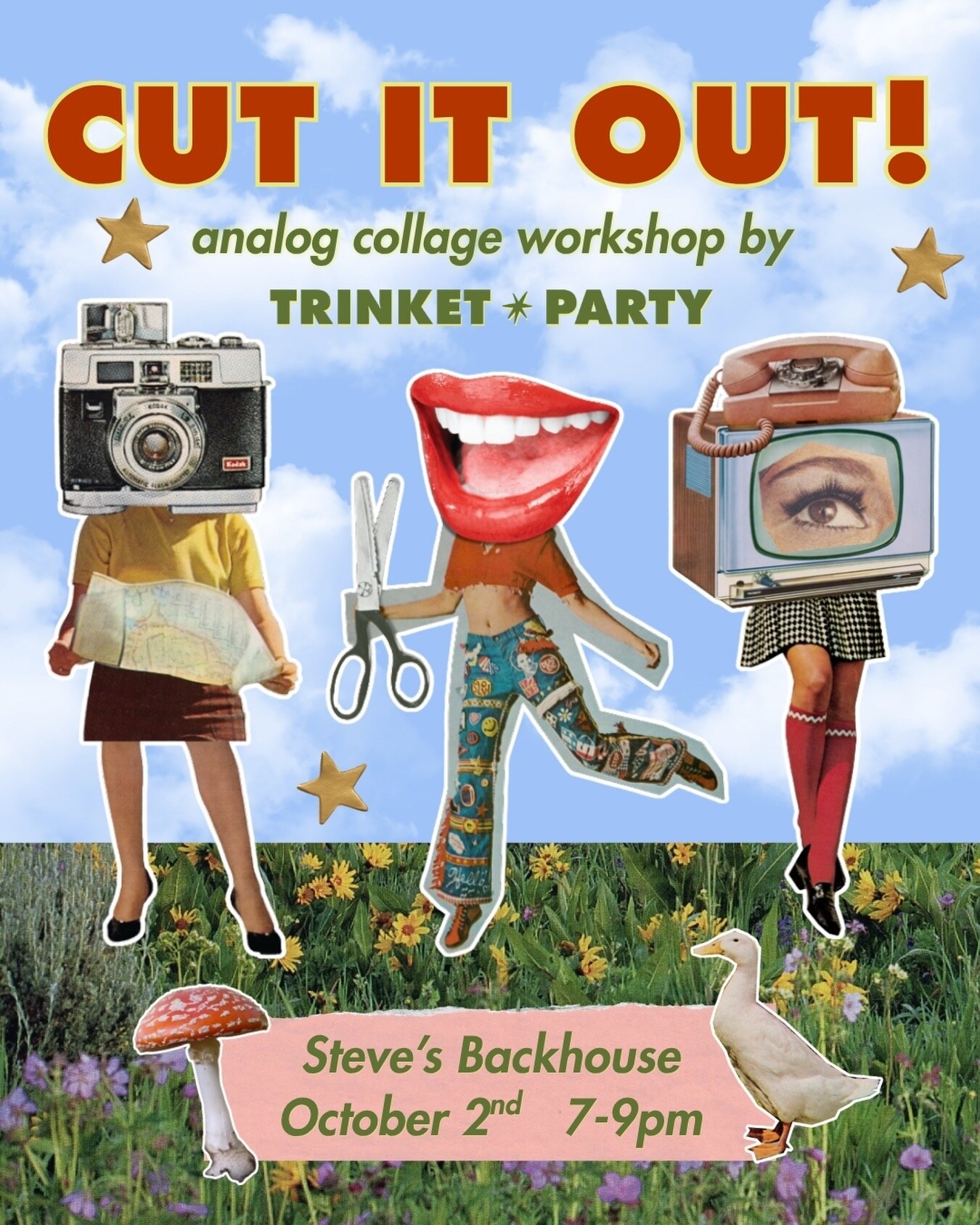 Cut It Out analog collage workshop flyer for October 2 at Steve's Backhouse
