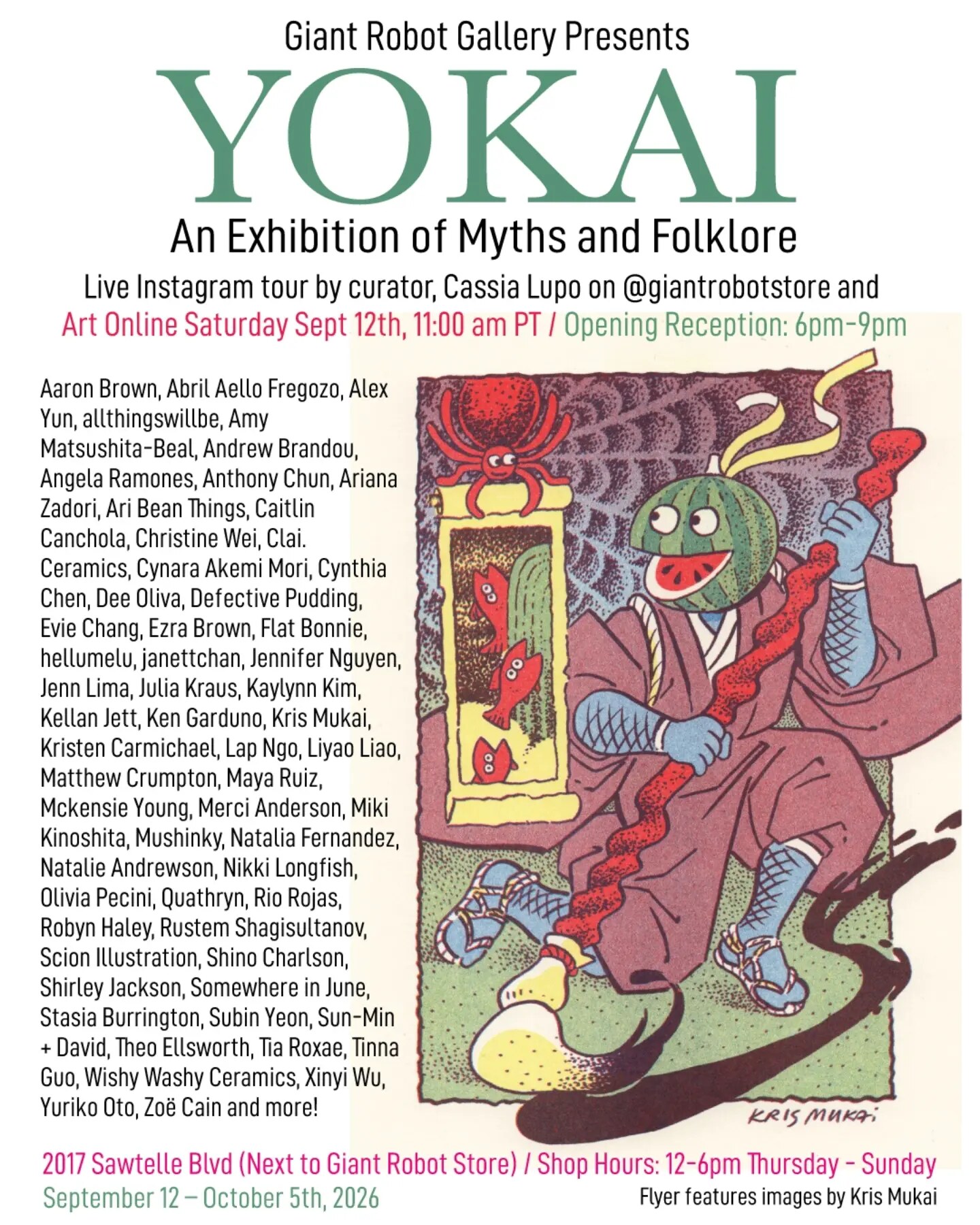 YOKAI exhibition flyer listing the participating artists and September 12 opening reception from 6 to 9 PM at Giant Robot Gallery, 2017 Sawtelle Boulevard