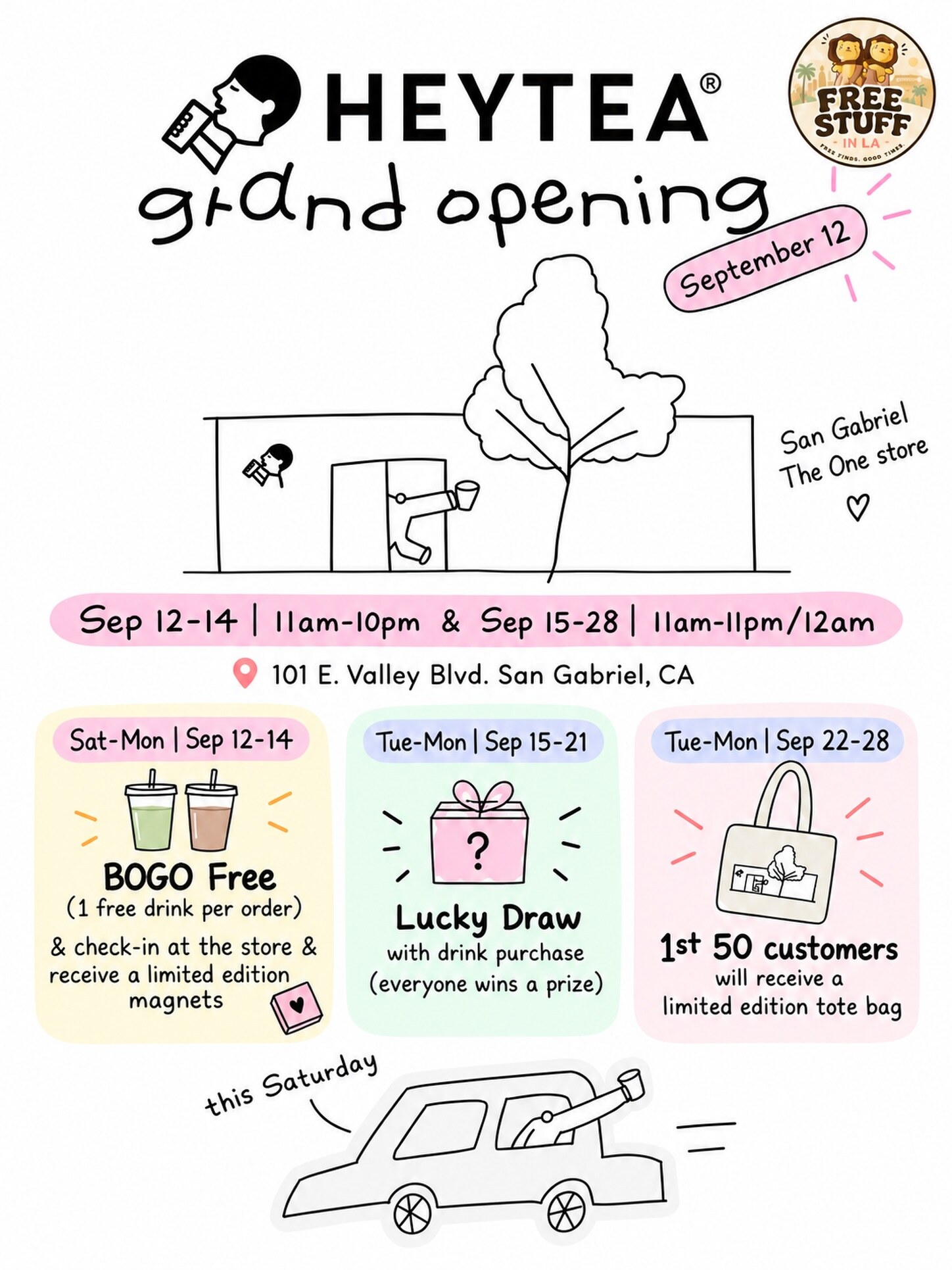 Heytea San Gabriel grand opening flyer with promotional dates and hours