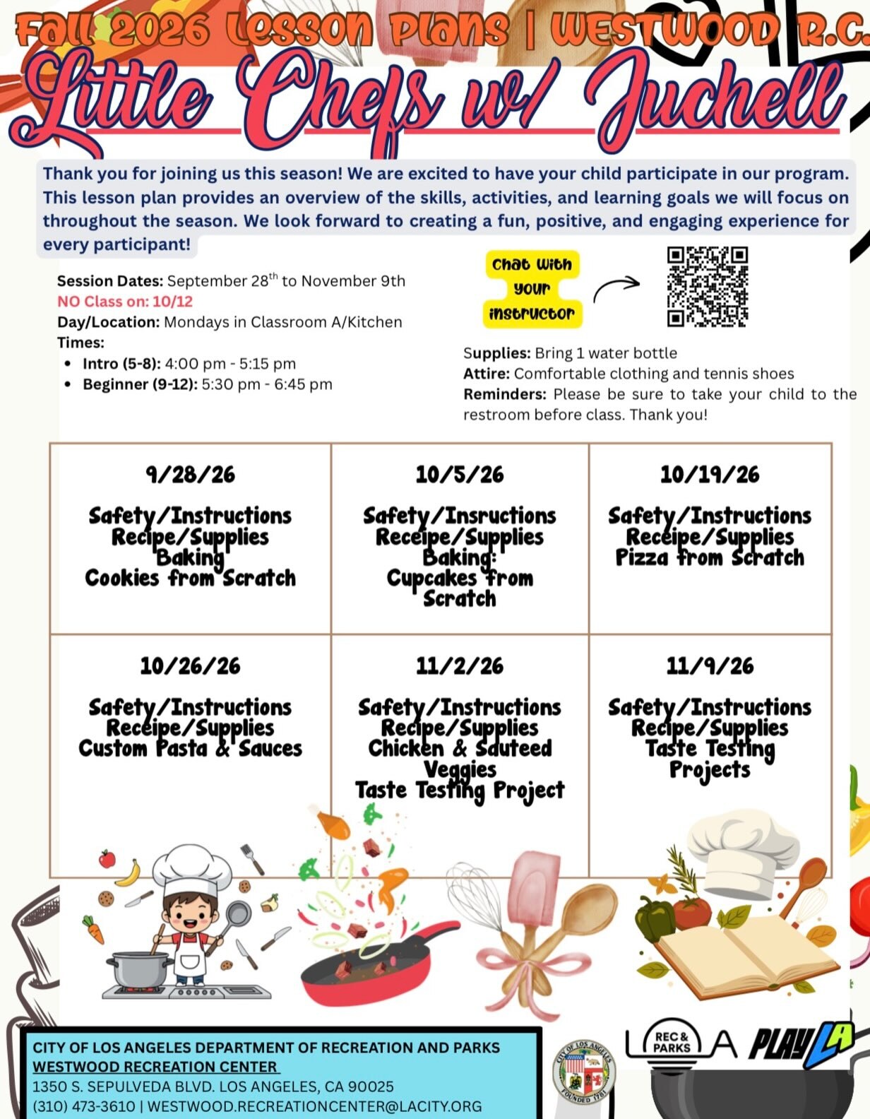 Westwood Recreation Center Fall 2026 Little Chefs lesson-plan flyer with Monday dates, recipes, and two age groups.