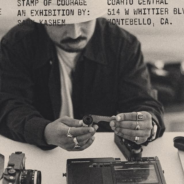 Stamp of Courage exhibition flyer featuring artist Saon Kashem at Cuarto Central in Montebello.