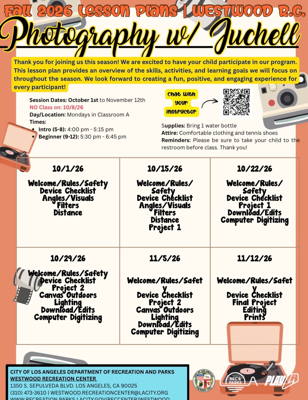 Westwood Recreation Center Fall 2026 Photography lesson-plan flyer with Thursday dates and two age groups.