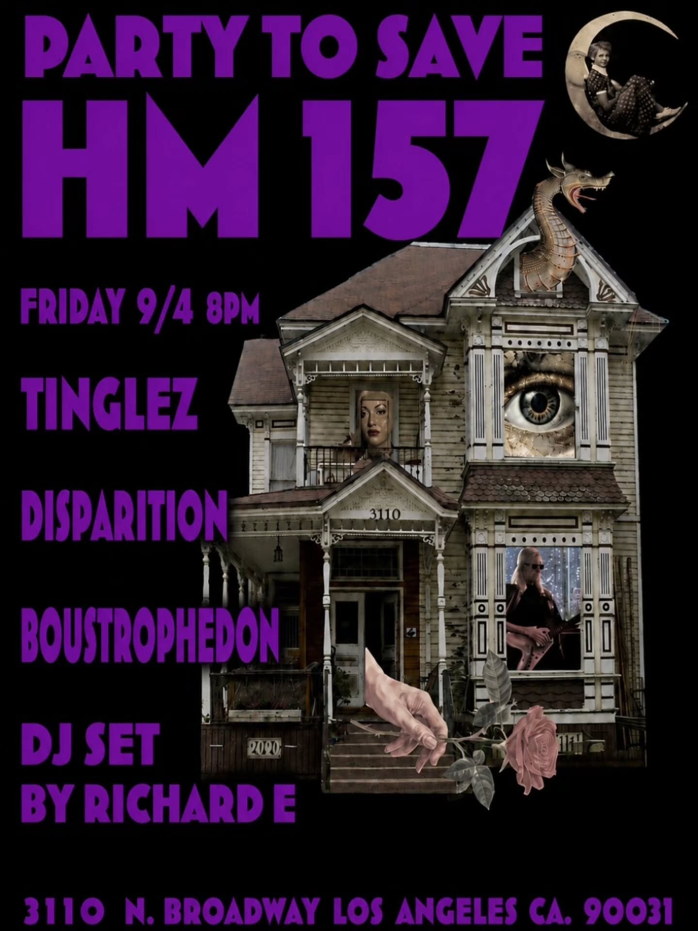 Purple Party to Save HM157 flyer with Boustrophedon, Disparition, Tinglez and Richard E for September 4