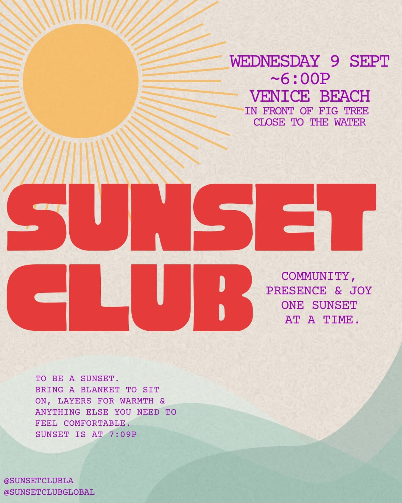 Sunset Club flyer announcing Wednesday September 9 at about 6pm on Venice Beach in front of Fig Tree.