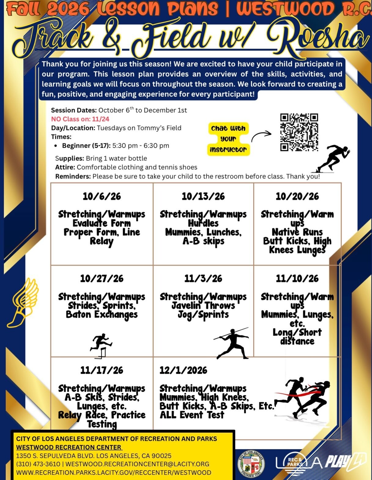 Westwood Recreation Center Fall 2026 Track & Field lesson-plan flyer with Tuesday dates and training topics.