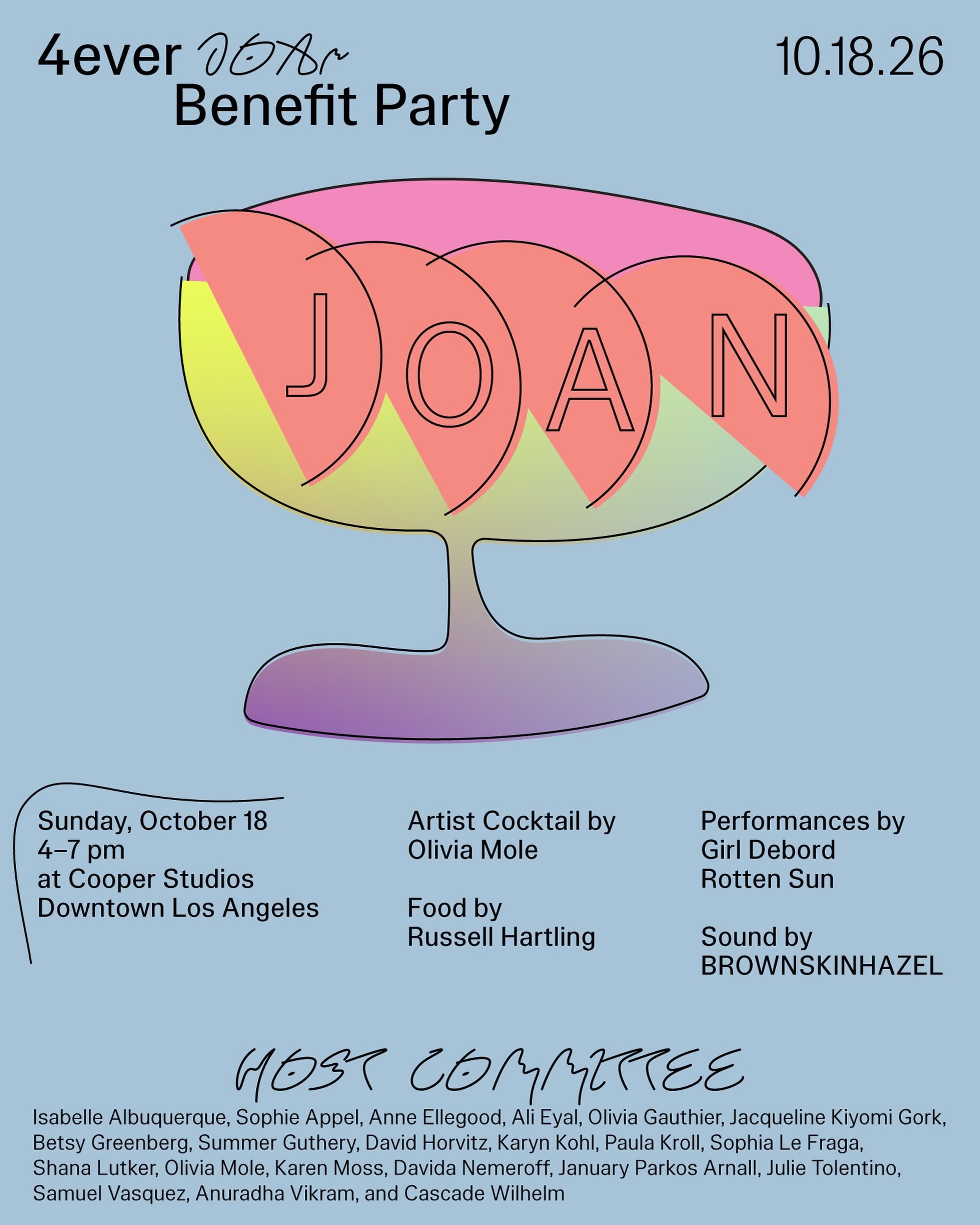 4ever JOAN Benefit Party graphic announcing the October 18 fundraiser at Cooper Studios.