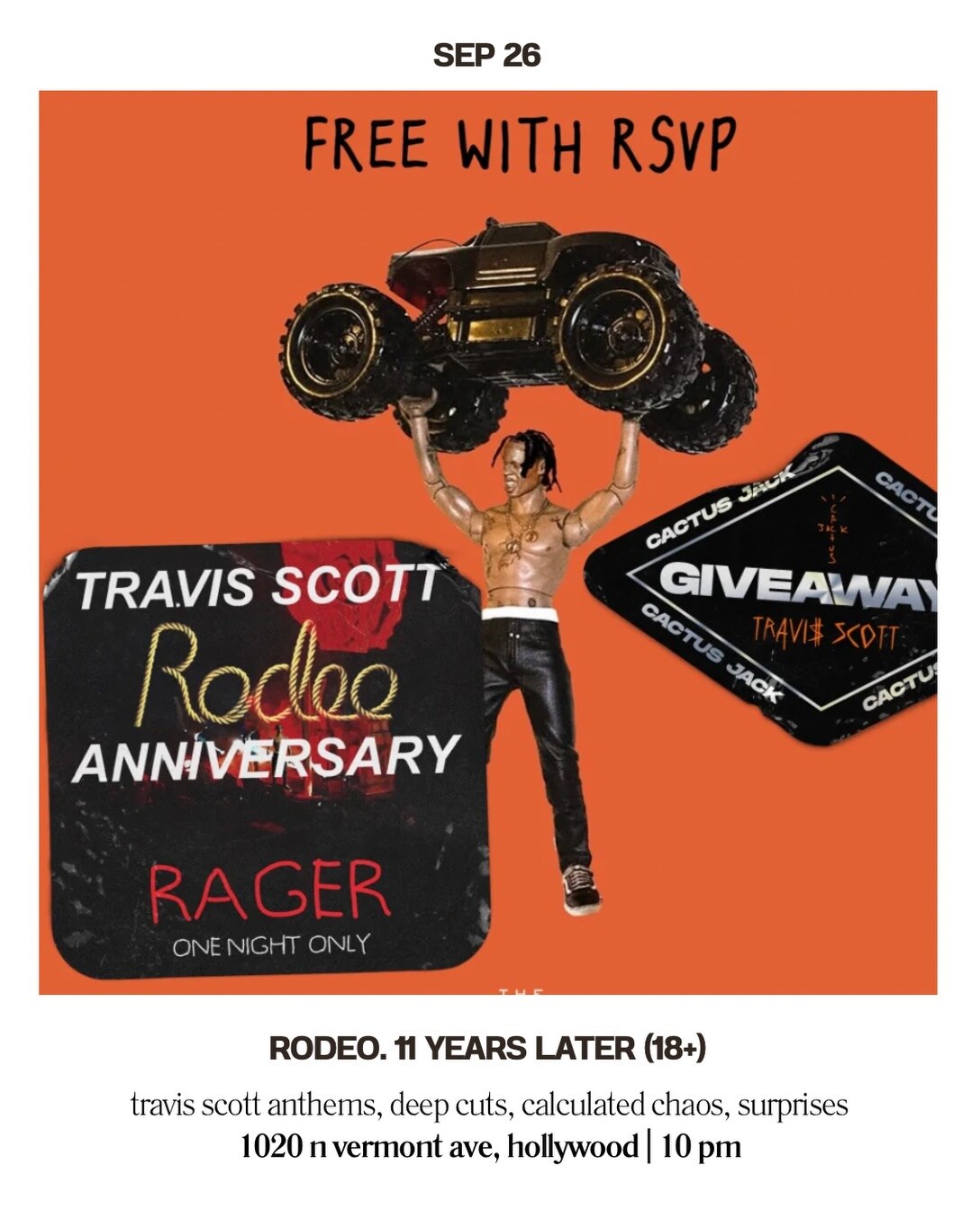 Rodeo 11 Years Later event card with 18-plus notice, Vermont Hollywood address and 10 PM start.