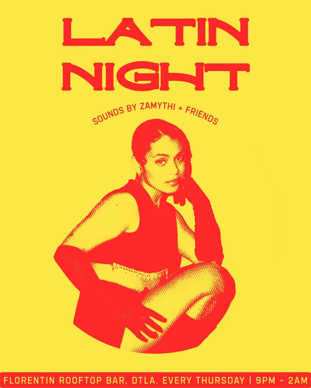 Yellow and red Latin Night flyer for Thursdays at Florentín Rooftop Bar.