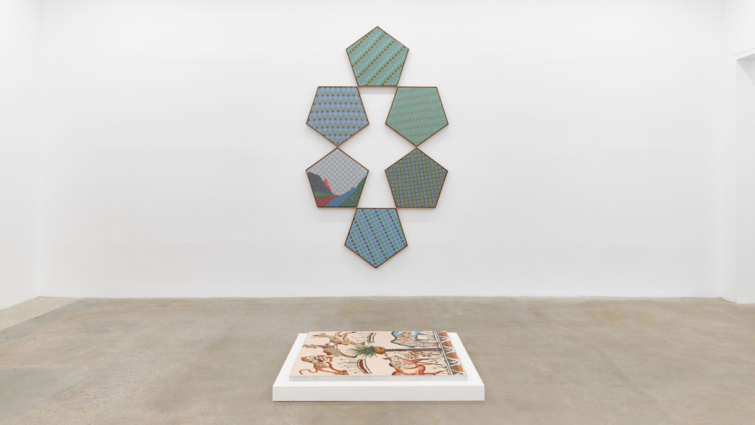 Jordan Nassar embroidery installation from Describing Clouds at Anat Ebgi.