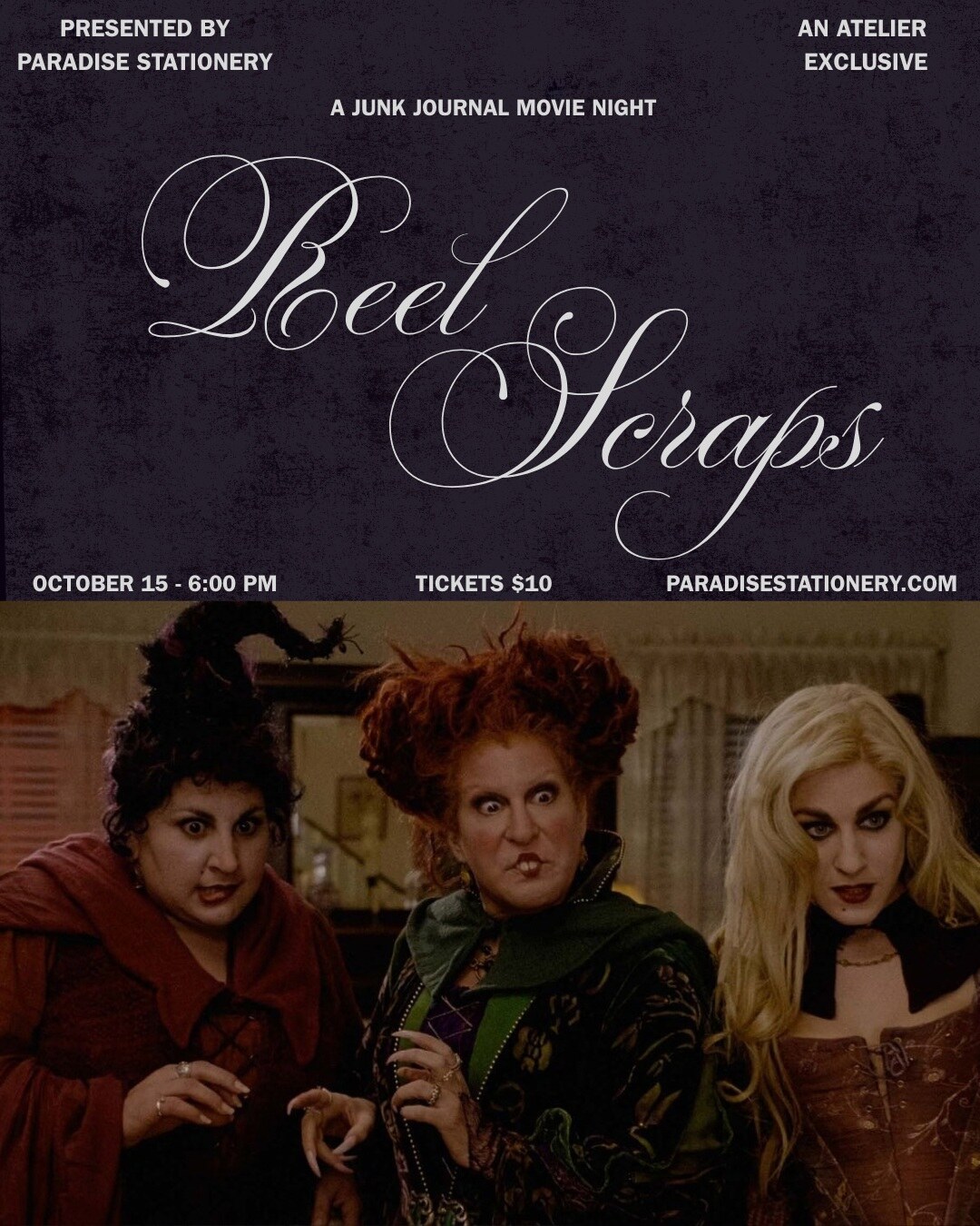 Reel Scraps Hocus Pocus junk-journal movie-night flyer from Paradise Stationery.