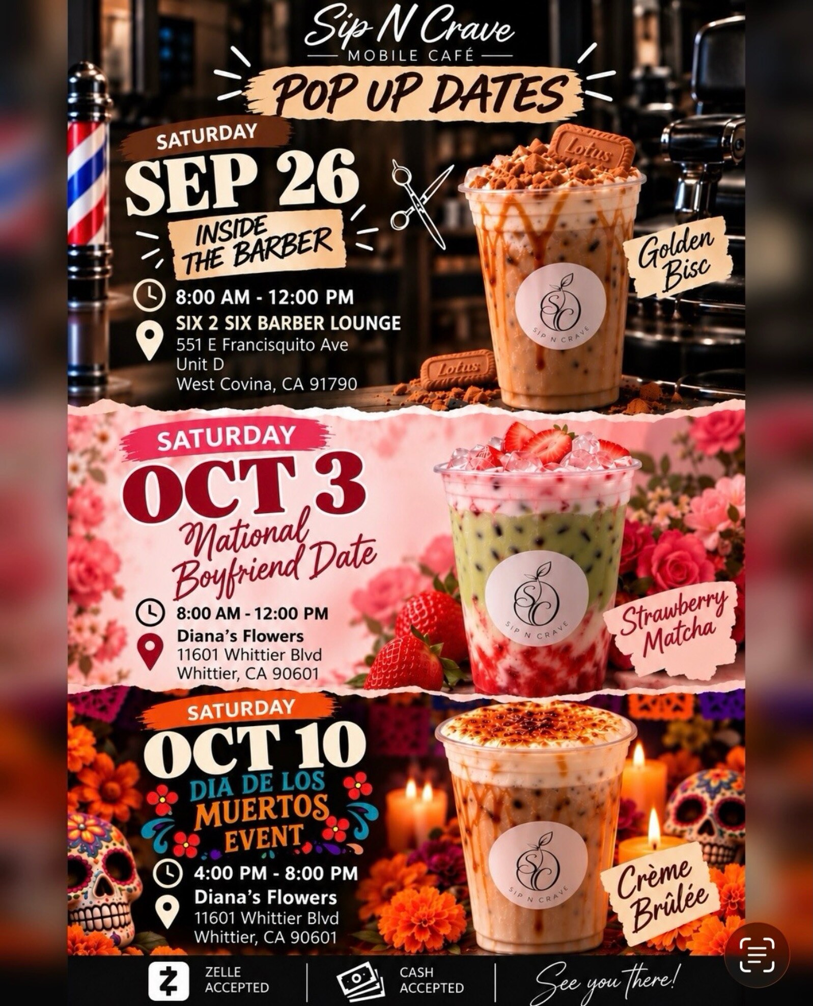 Sip N Crave National Boyfriend Day Pop-Up flyer listing Diana’s Flowers in Whittier on 2026-10-03.
