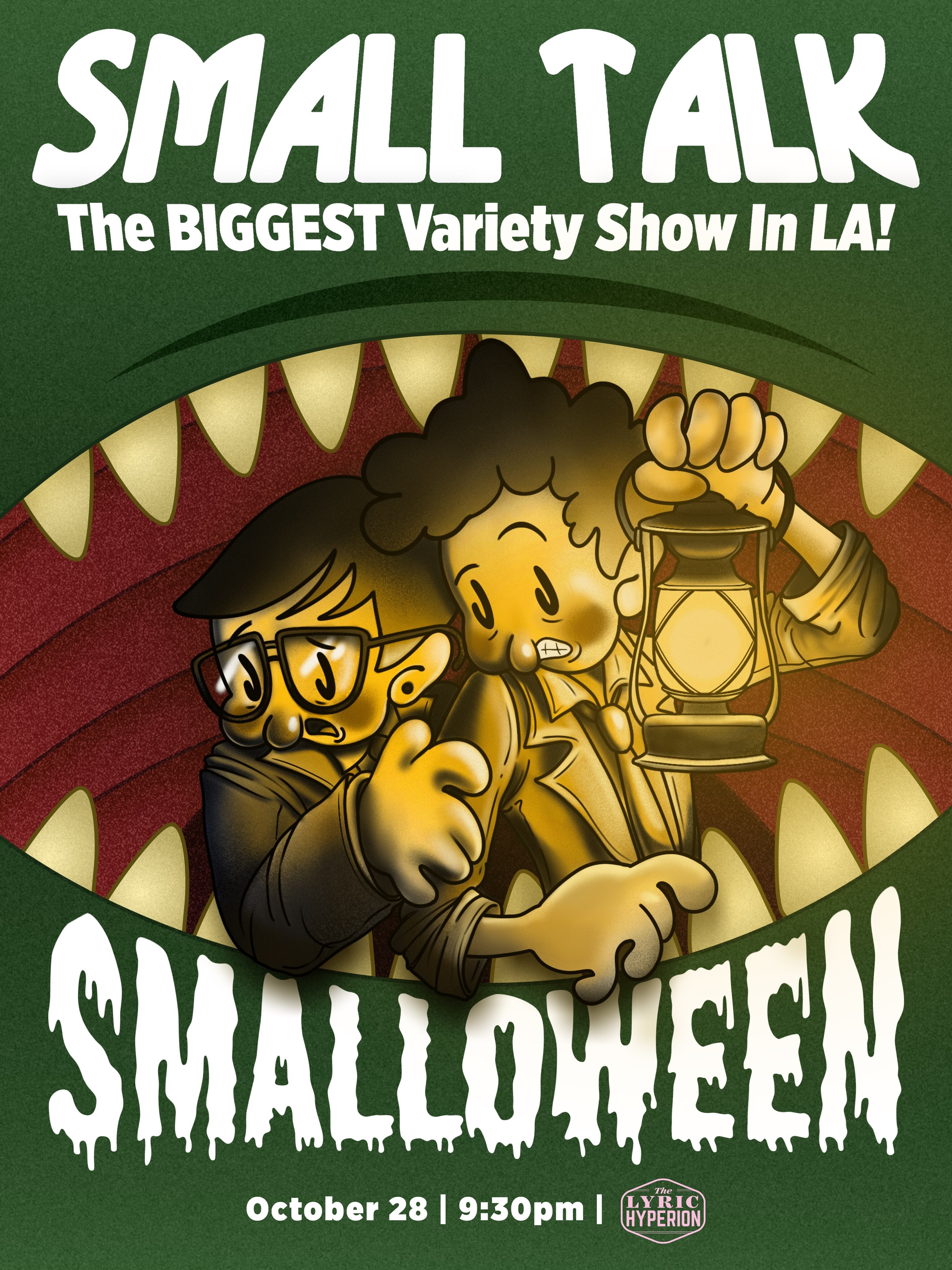 Small Talk Smalloween illustrated flyer with two hosts exploring a monster's mouth