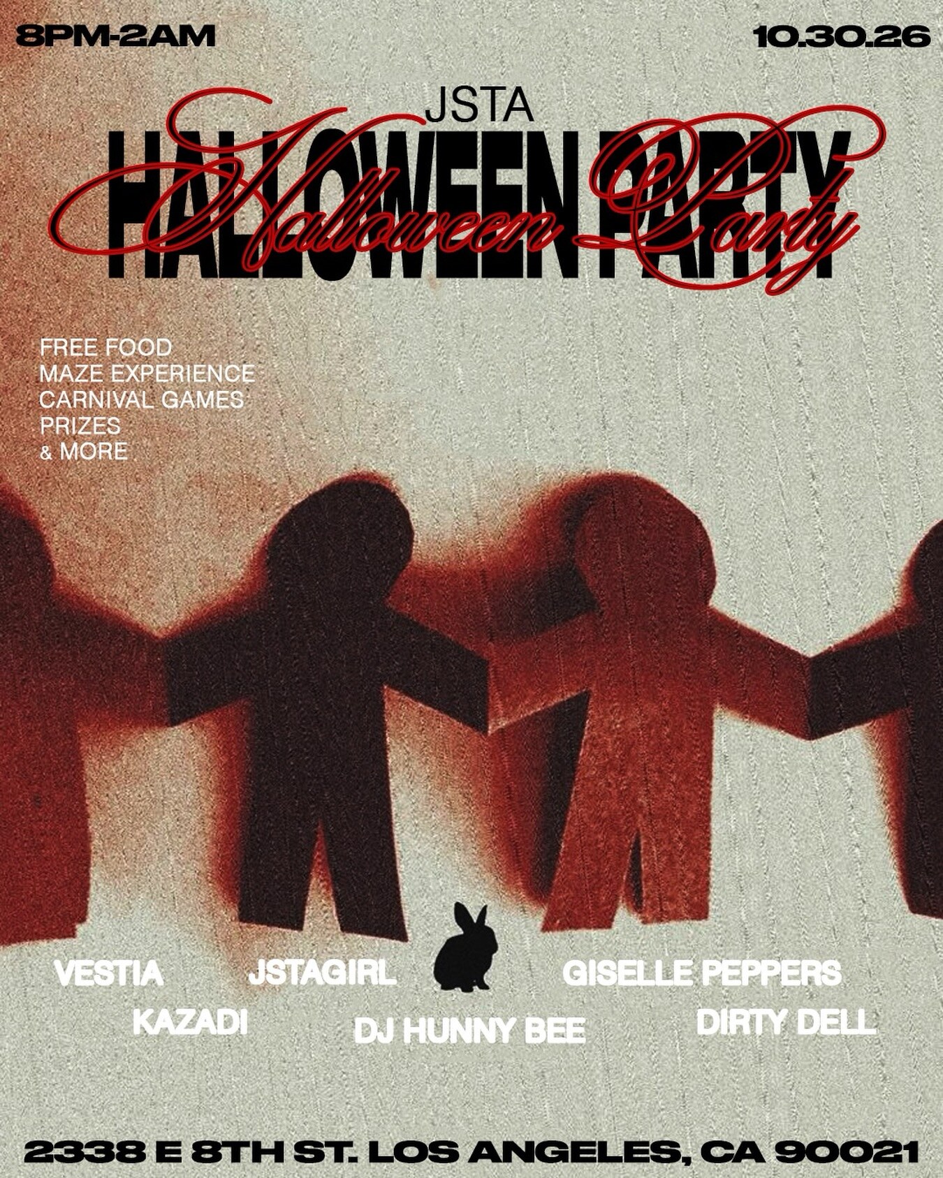 JSTAHALLOWEEN party flyer with shadowy figures and red gothic lettering