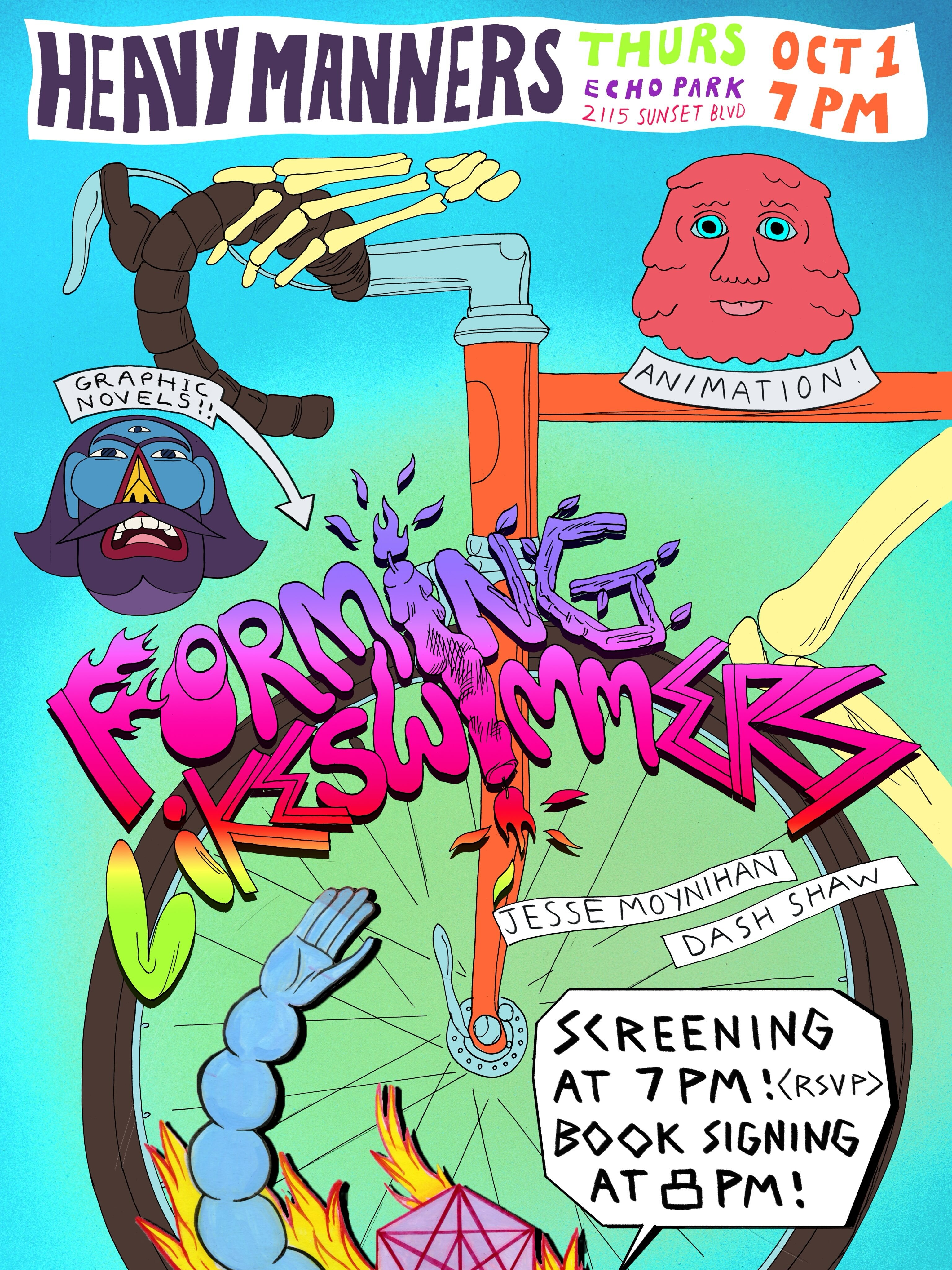 Forming and Like Swimmers screening and book-signing flyer at Heavy Manners Library