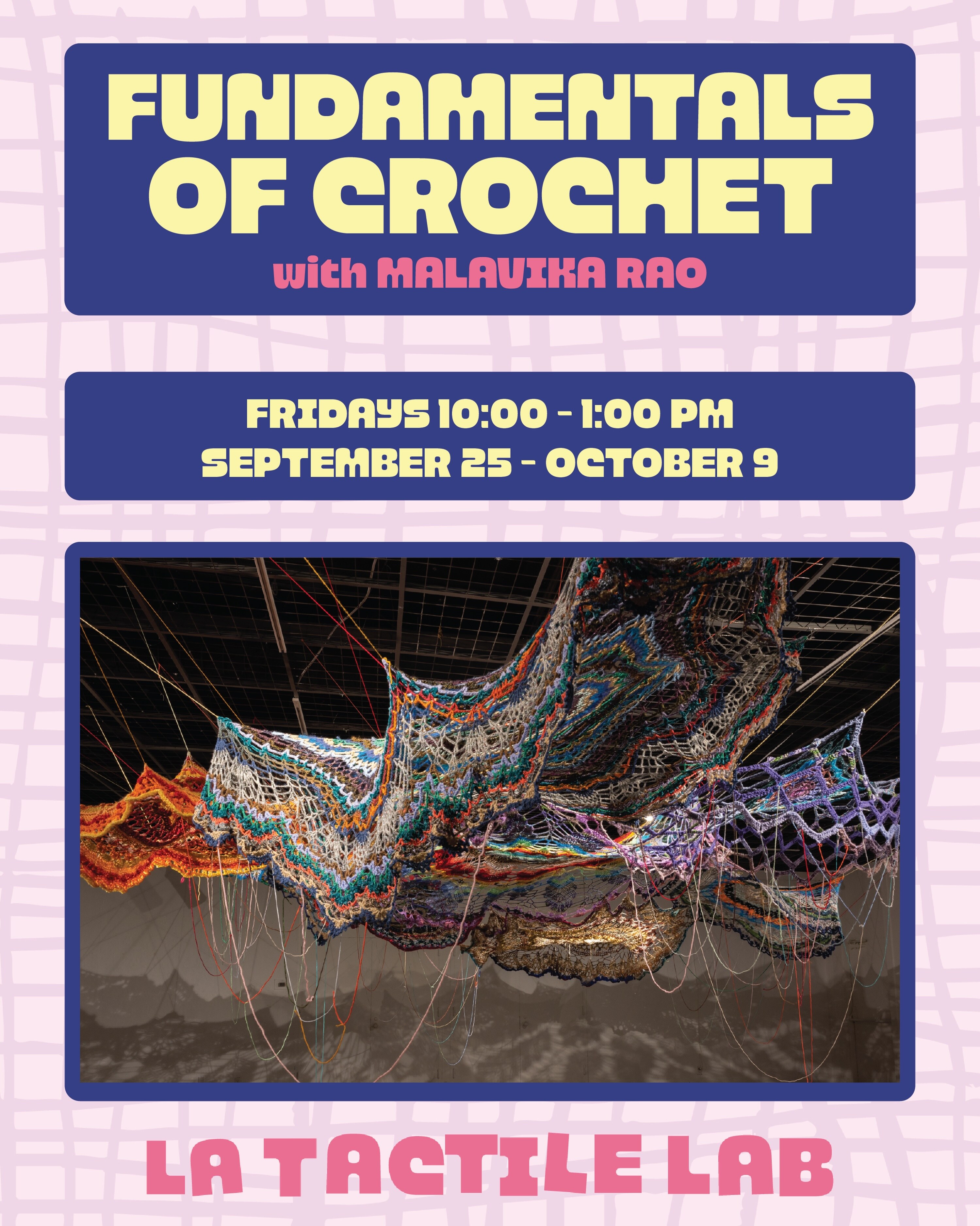 Purple Fundamentals of Crochet with Malavika Rao course flyer