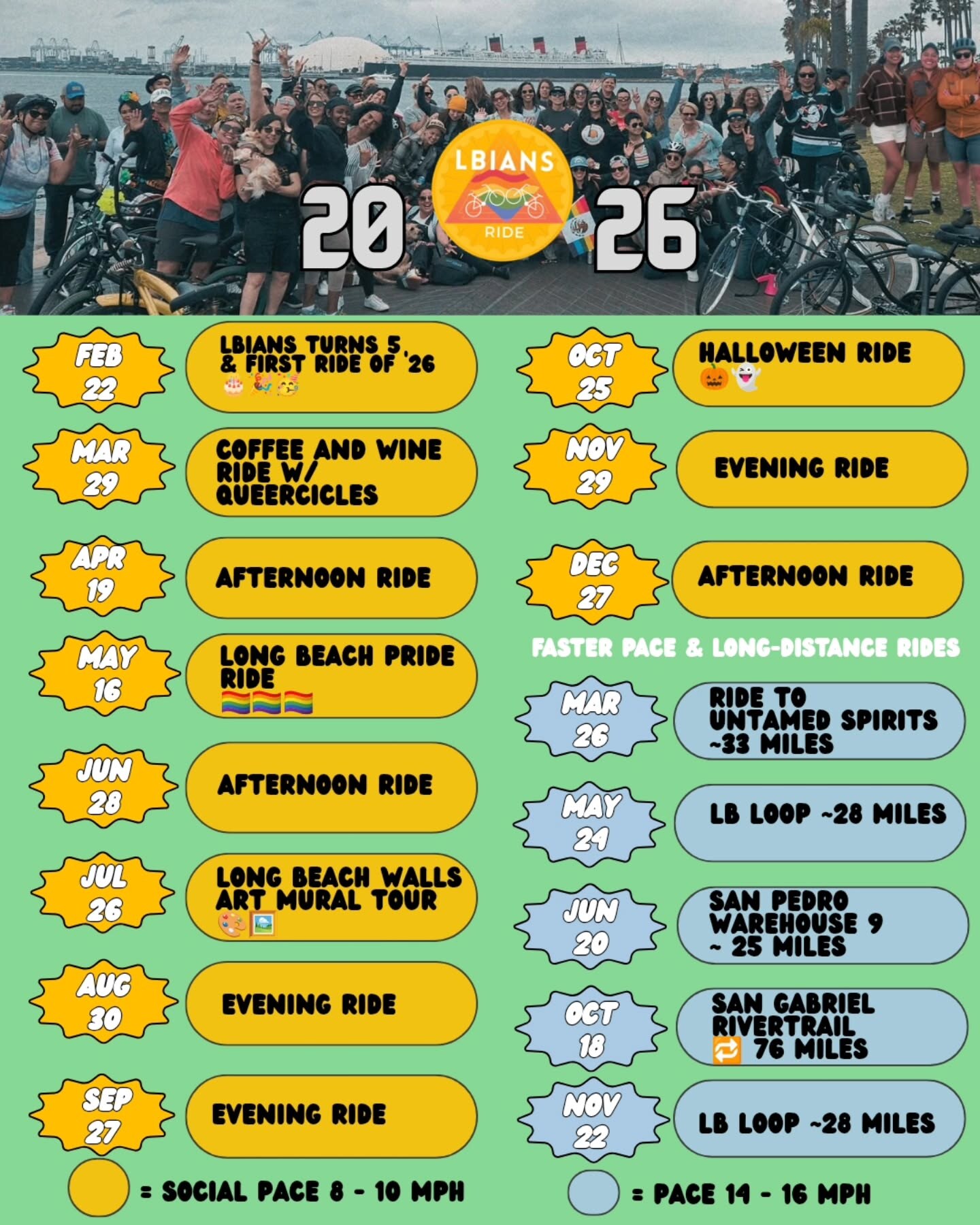 LBians 2026 cycling calendar listing social and faster-paced rides from February through December.