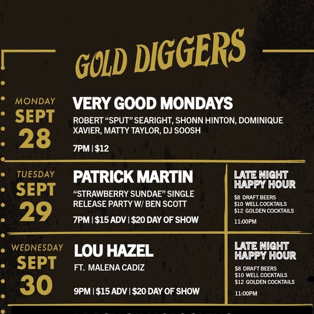 Gold-Diggers weekly lineup flyer listing Blvk H3ro, Bambaata and 3Peat Band