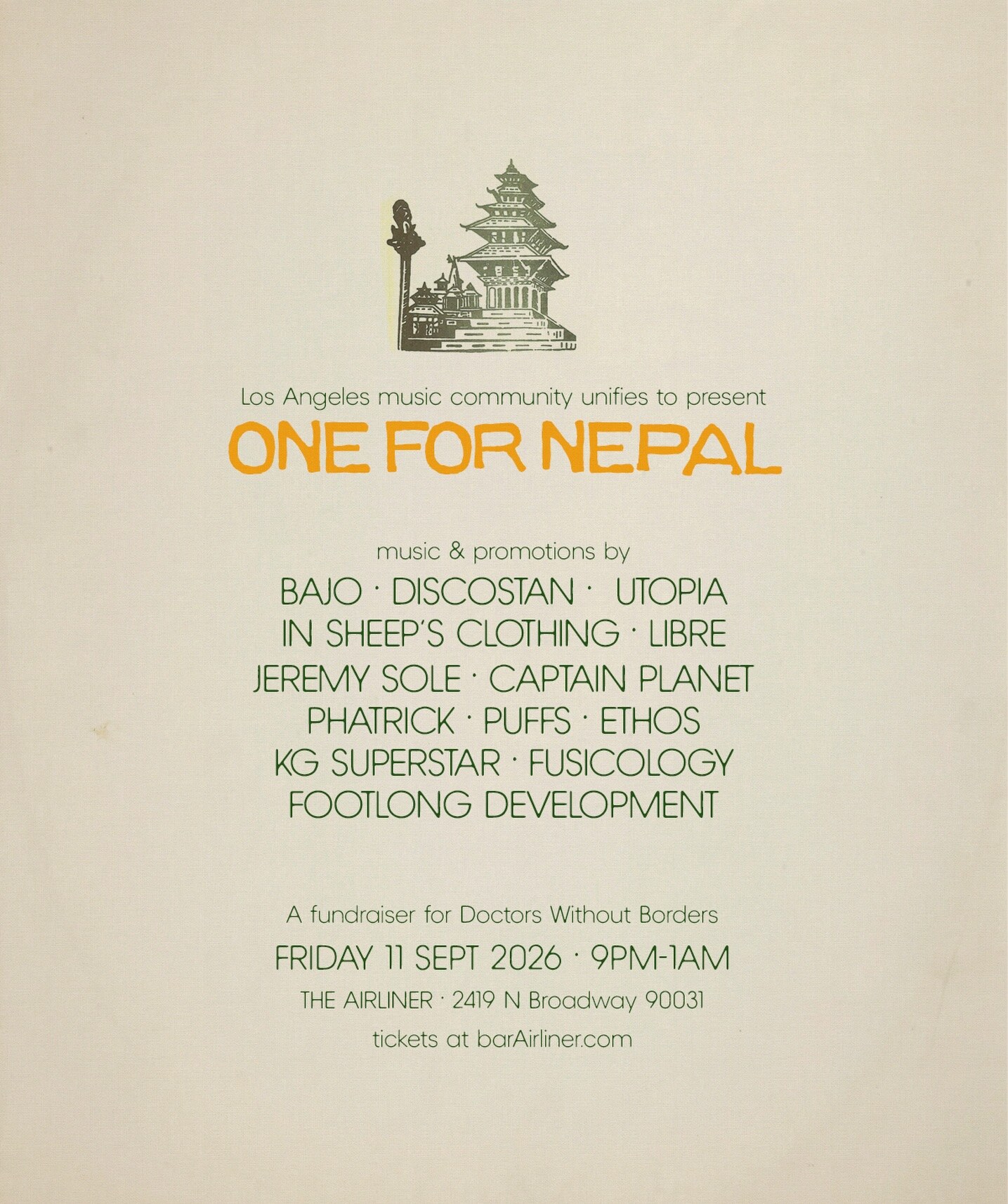 One for Nepal fundraiser flyer listing the September 11 lineup at The Airliner