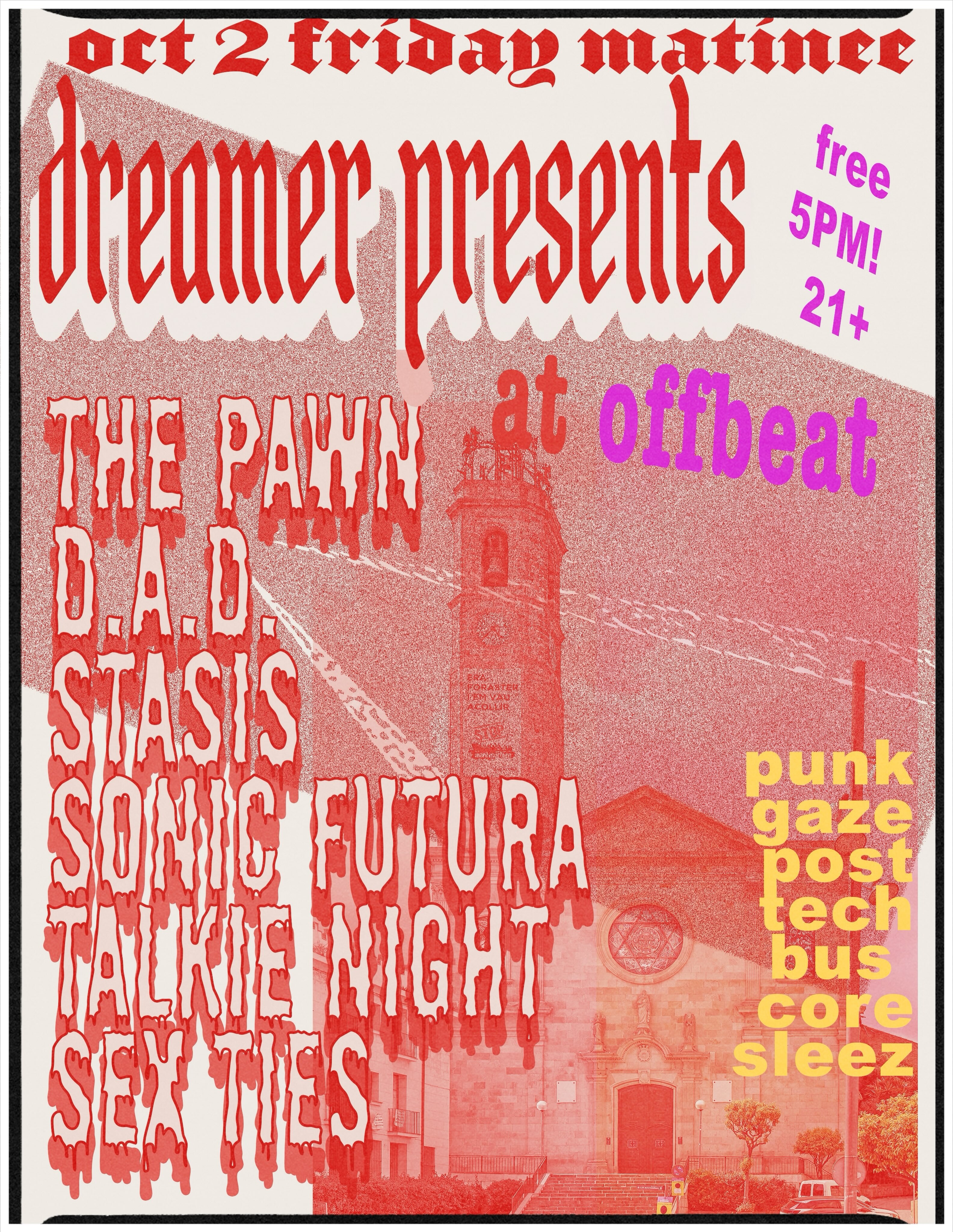 Dreamer Presents flyer listing six bands at OffBeat on October 2 at 5pm.