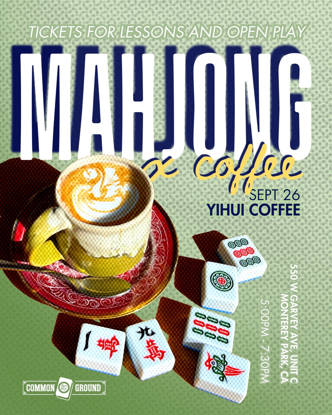 Mahjong x Coffee flyer with tiles and latte art at Yihui Coffee