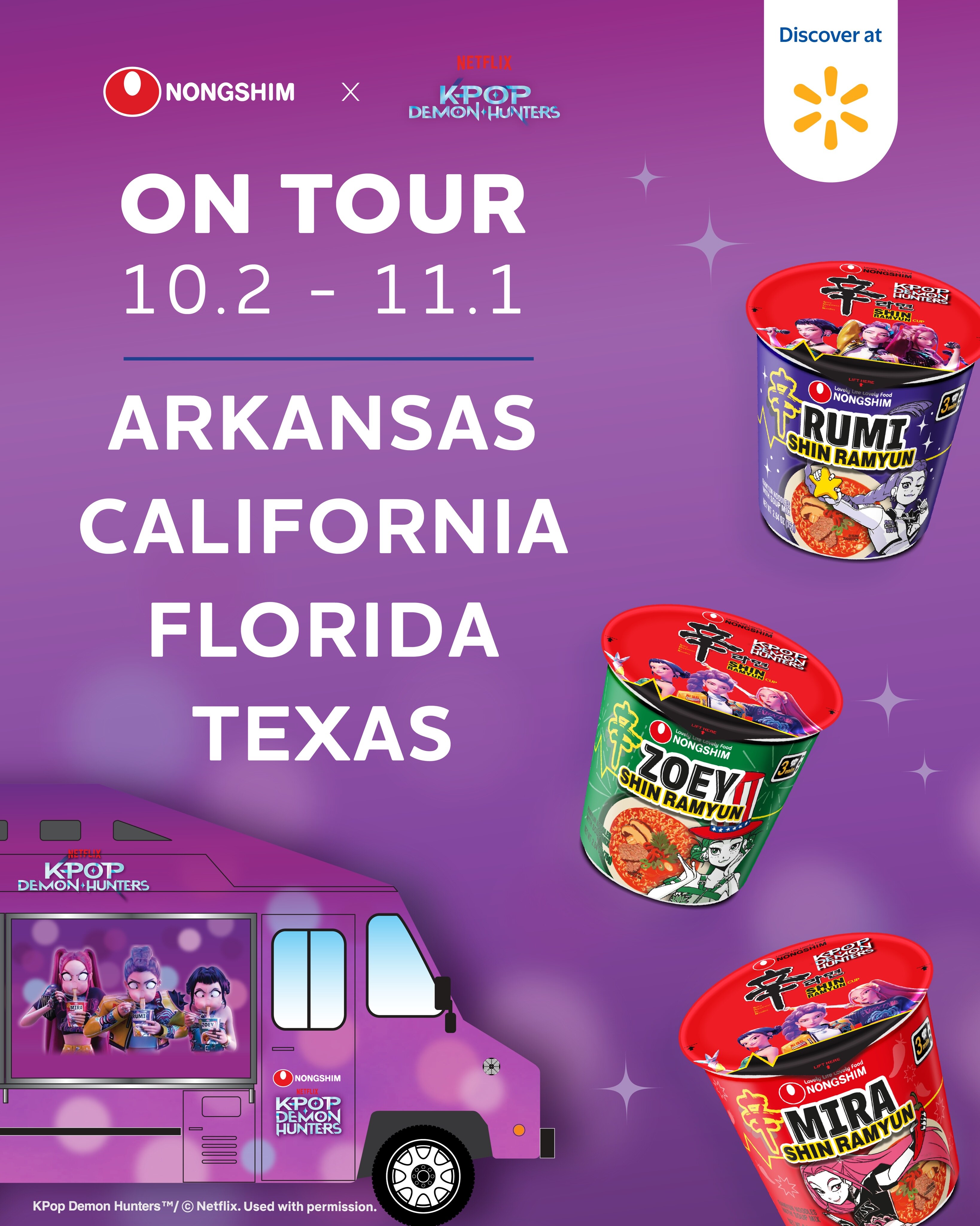 Official Nongshim K-Pop Demon Hunters Shin Ramyun food truck tour announcement.