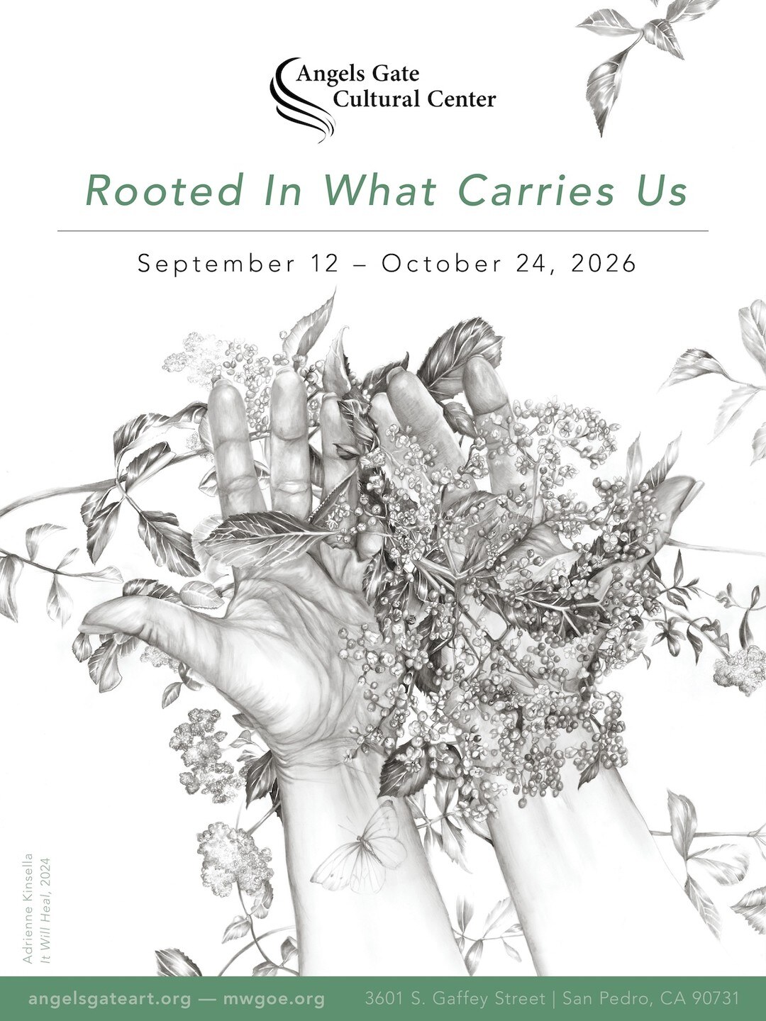Rooted In What Carries Us exhibition artwork with botanical forms and a hand holding a basket