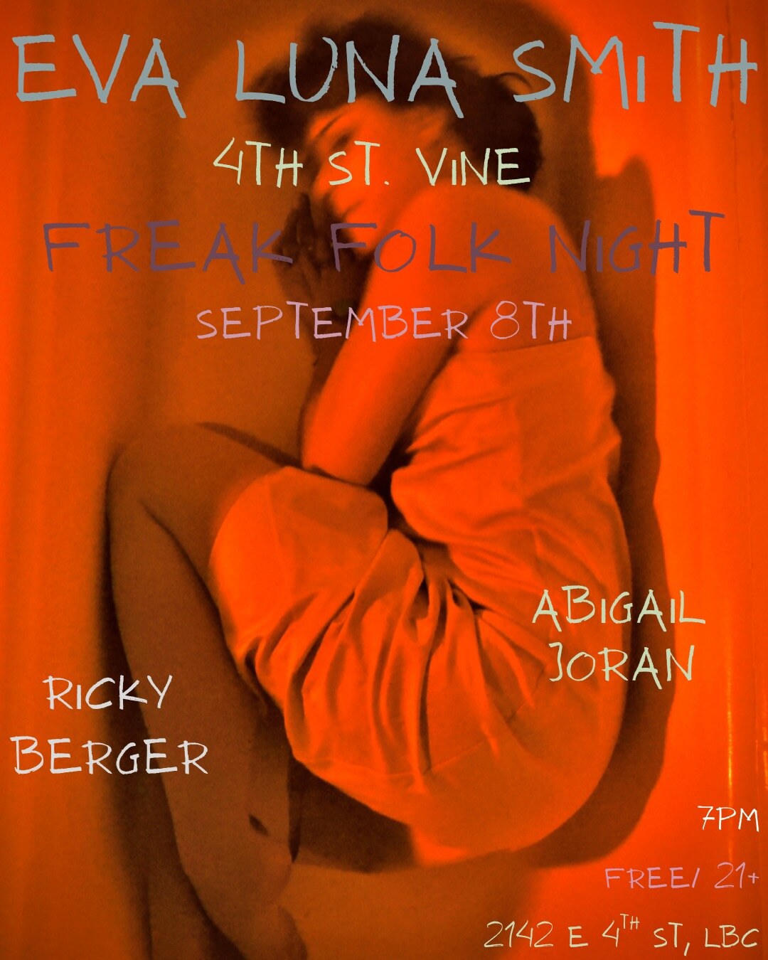 Freak Folk Night flyer with Eva Luna Smith, Ricky Berger and Abigail Joran at Vine on September 8
