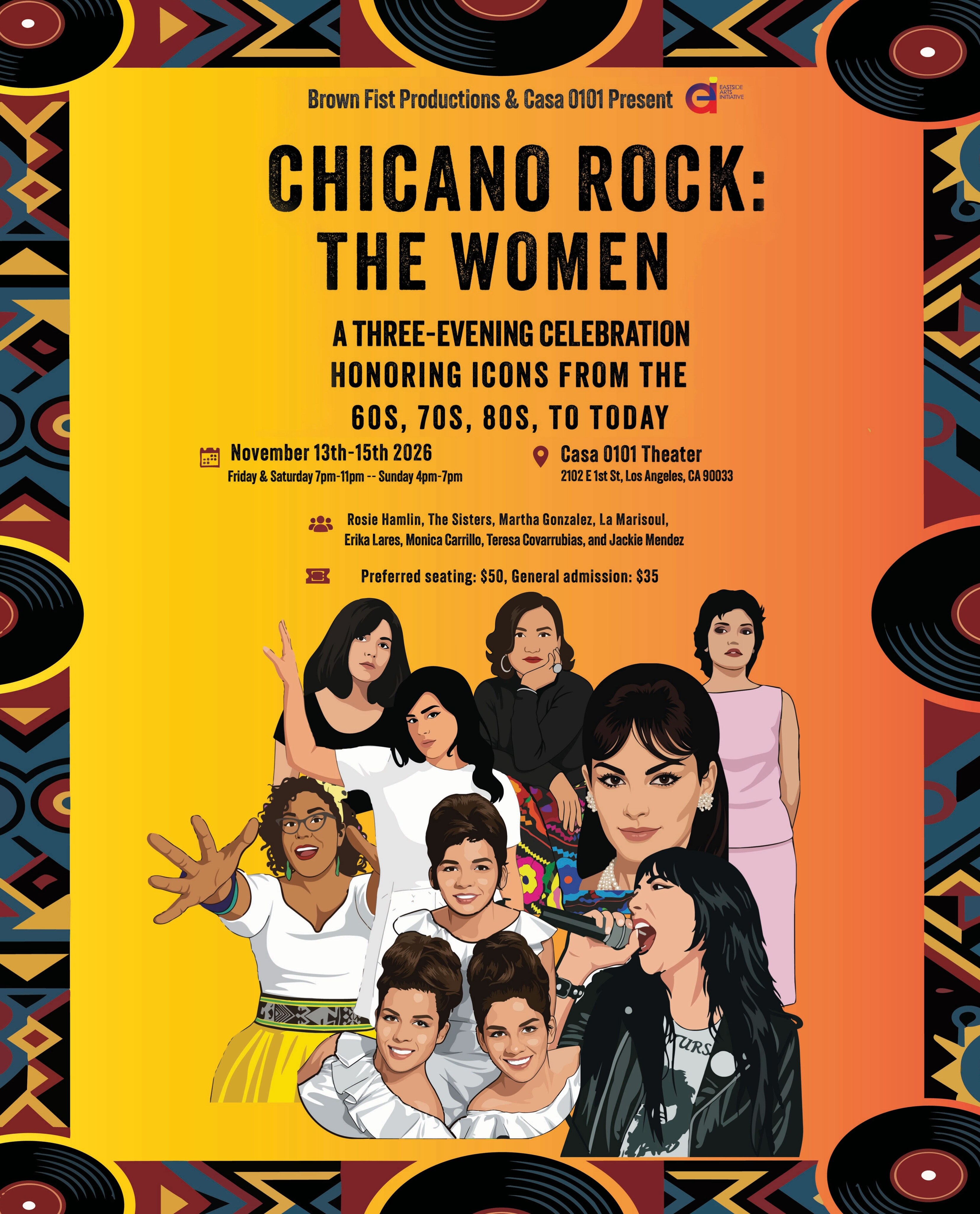 Chicano Rock: The Women three-evening celebration flyer honoring women musicians from the 1960s through today at Casa 0101 Theater, November 13 to 15, 2026.