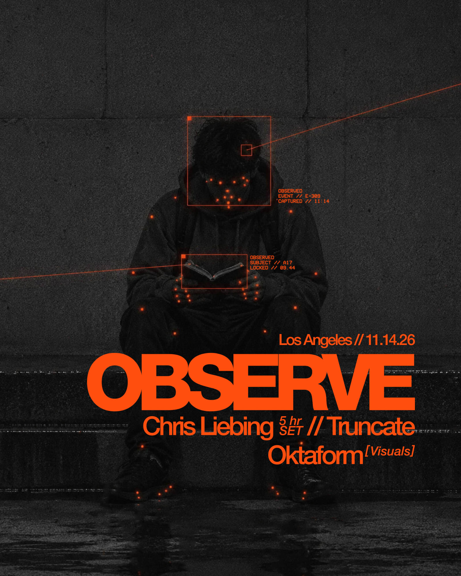 OBSERVE 24 Year Anniversary flyer with Chris Liebing, Truncate and Oktaform in Los Angeles on November 14.