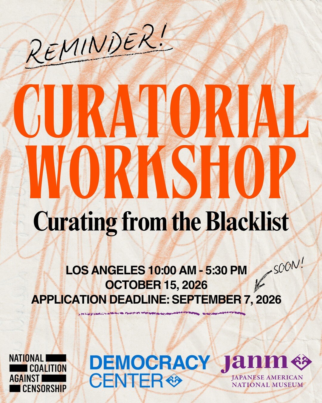 Curating from the Blacklist workshop flyer in orange and black lettering
