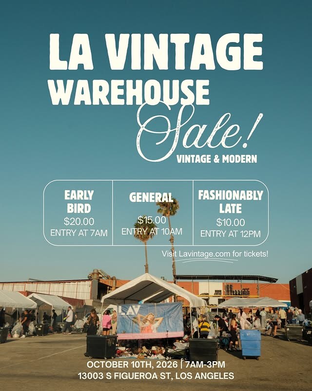 LA Vintage Warehouse Sale flyer for October 10 with entry tiers and an outdoor sale photograph