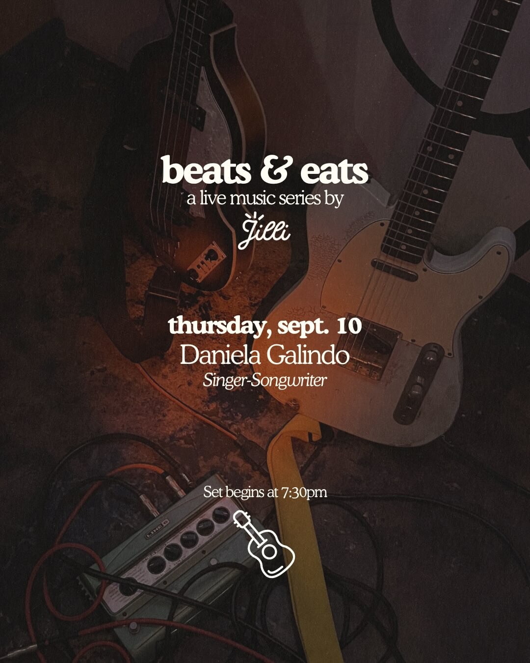 beats & eats flyer announcing Daniela Galindo at Jilli on Thursday September 10, starting at 7:30pm.