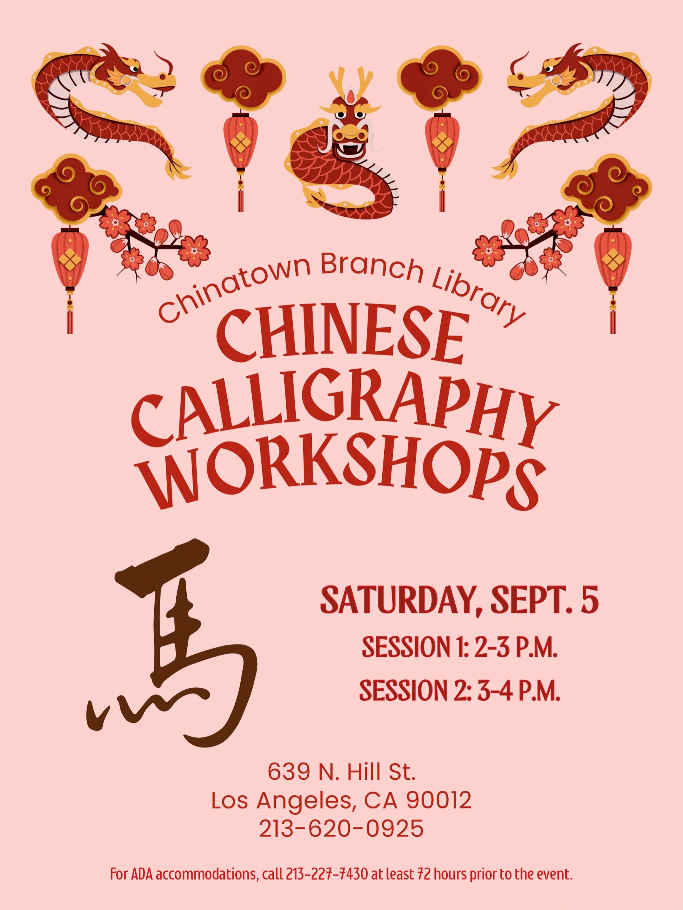 Chinese Calligraphy Workshops flyer with two September 5 sessions at Chinatown Branch Library