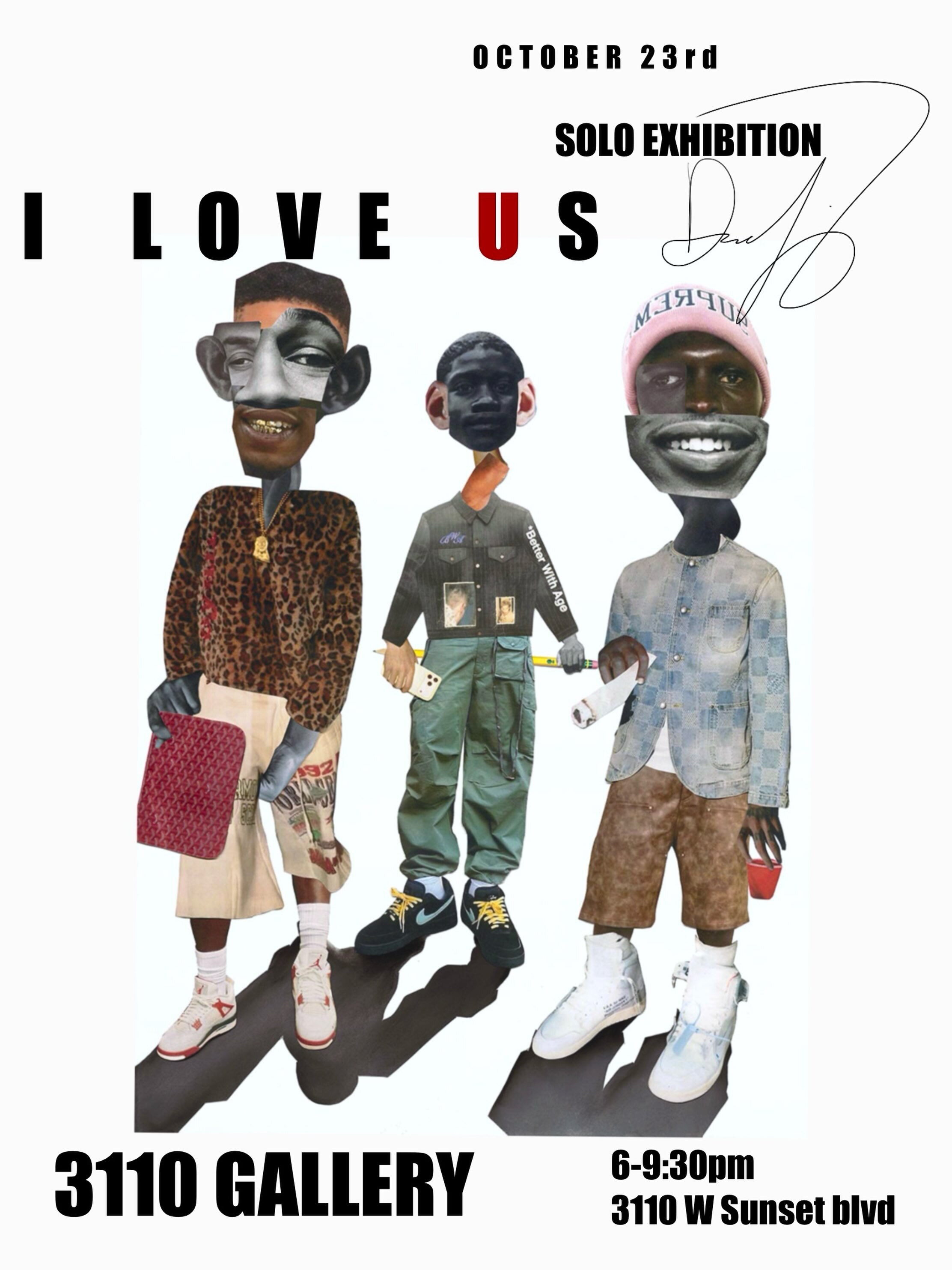 I LOVE US solo exhibition flyer by Dominic King for October 23 at 3110 Gallery.