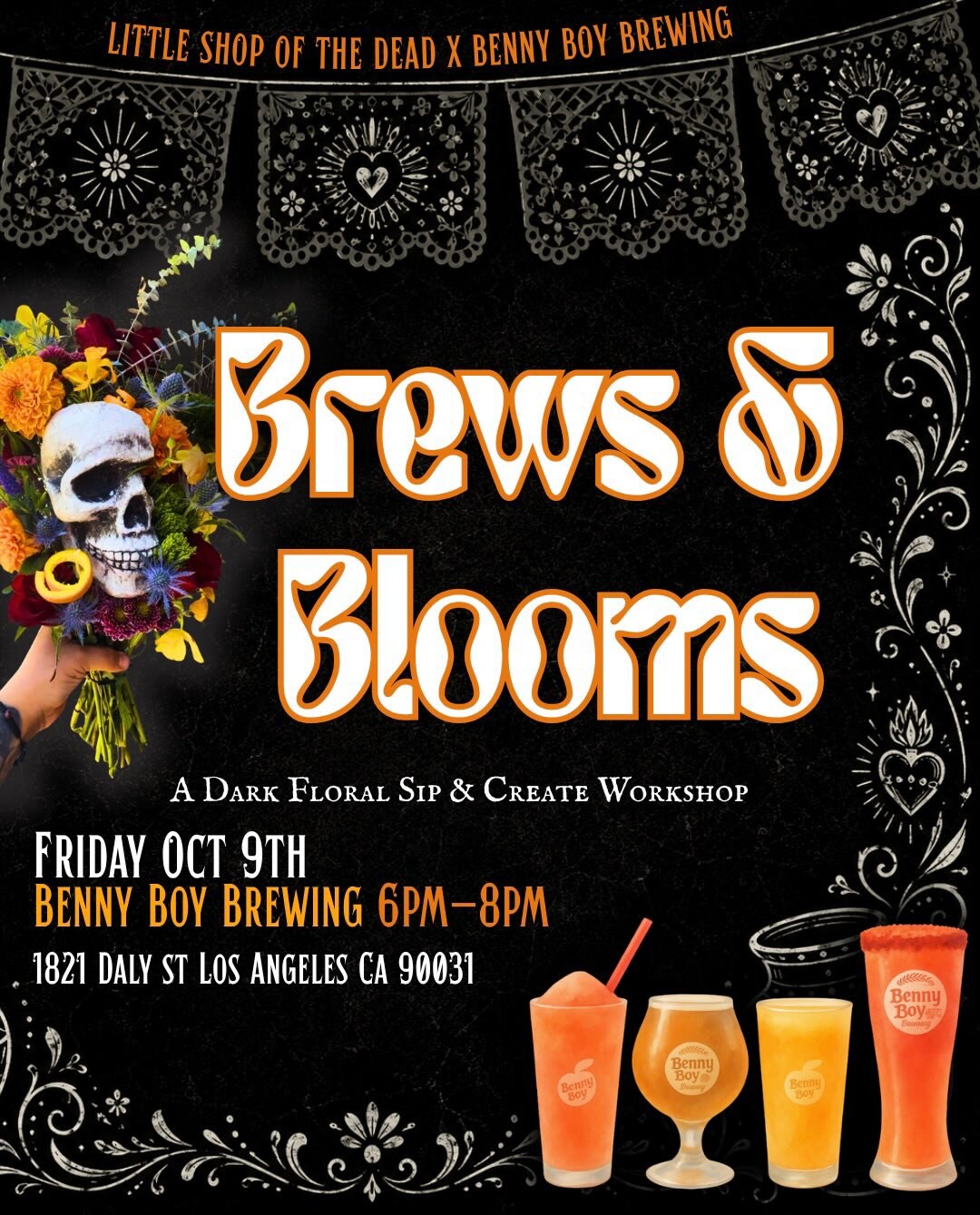 Brews and Blooms dark floral workshop flyer at Benny Boy Brewing