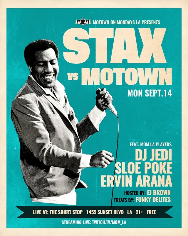Stax vs Motown flyer for the September 14 Motown On Mondays party at The Short Stop