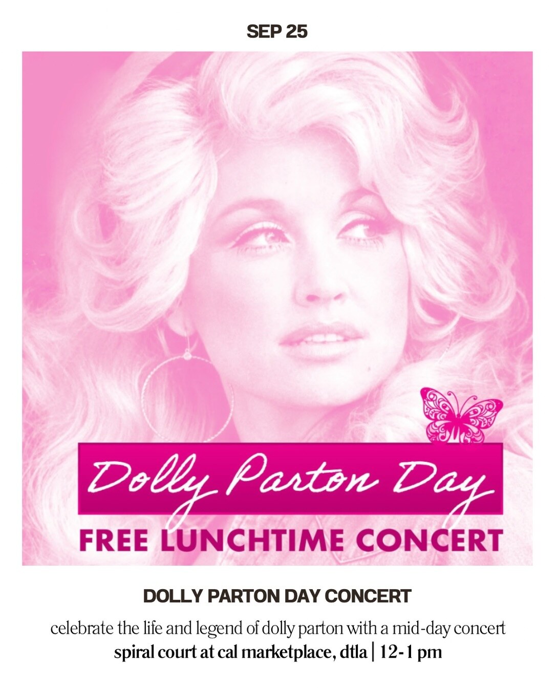 Dolly Parton Day lunchtime concert card with Spiral Court location and noon start.