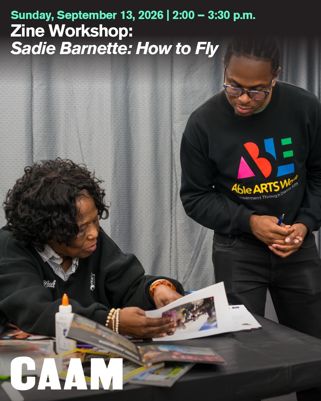 CAAM September calendar slide for the Sadie Barnette zine workshop