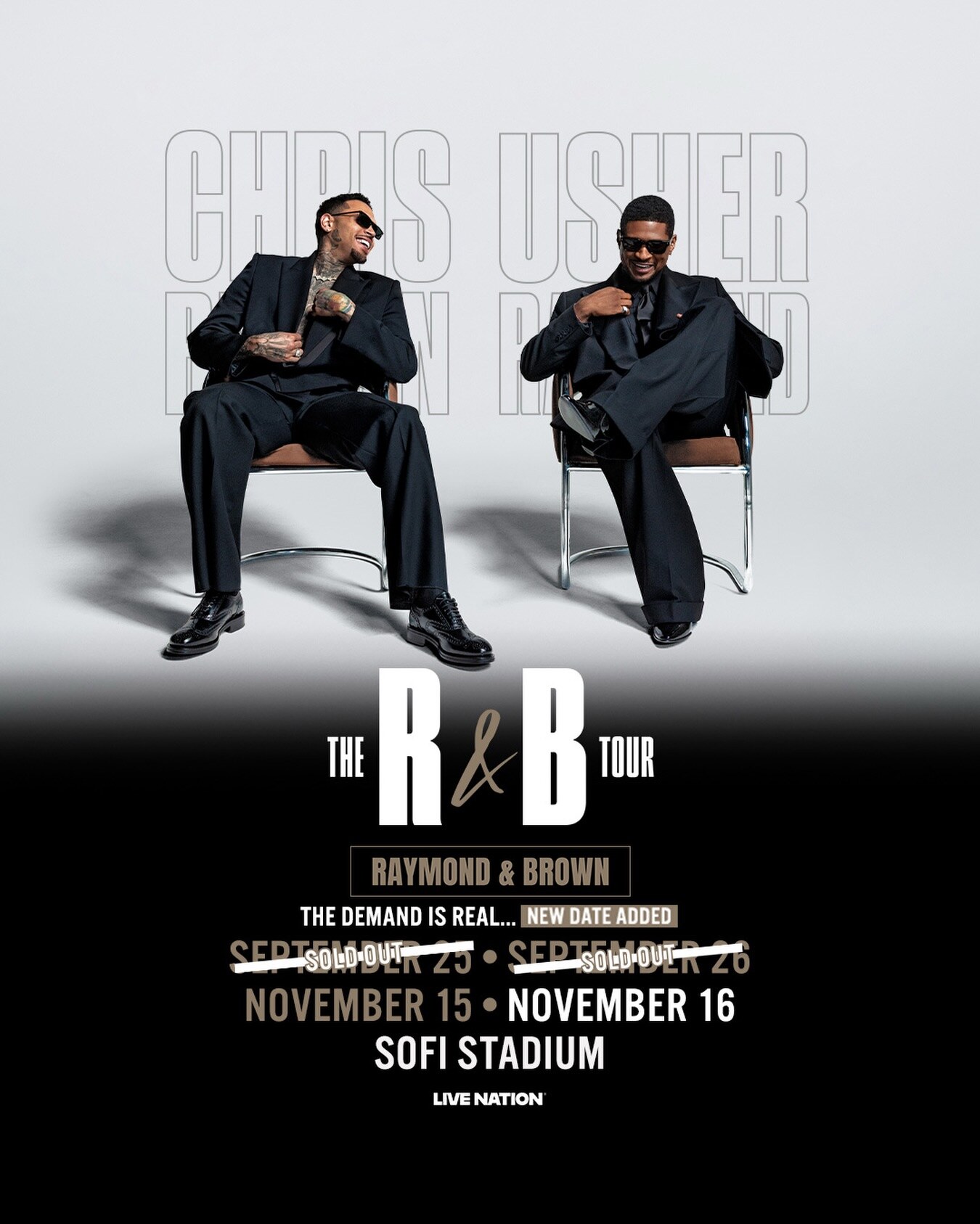 Chris Brown and Usher seated above The R&B Tour dates for November 15 and 16 at SoFi Stadium.