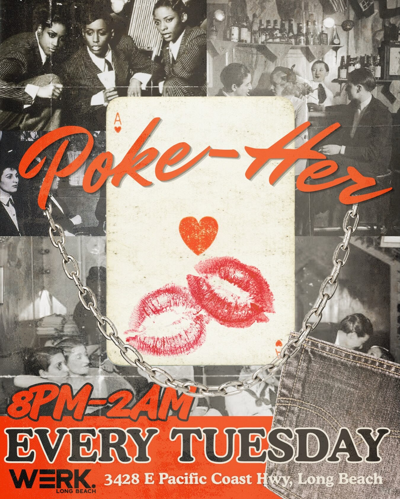 Red and black Poke-Her flyer for the weekly Tuesday lesbian and queer game night at WERK Long Beach.