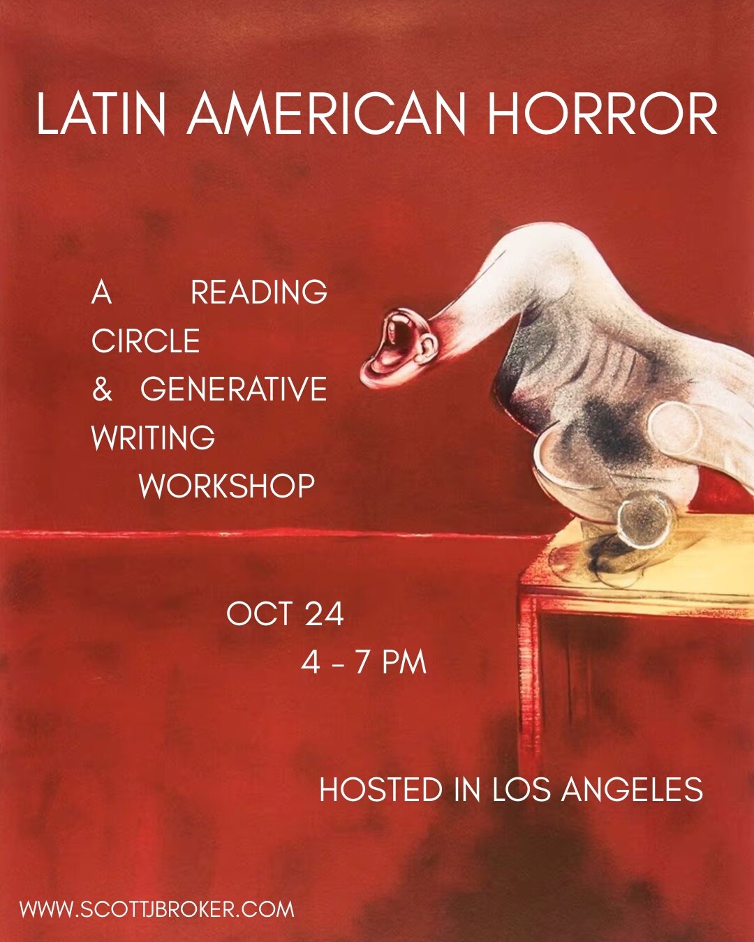 Latin American Horror reading circle and generative writing workshop flyer for October 24 in Los Angeles