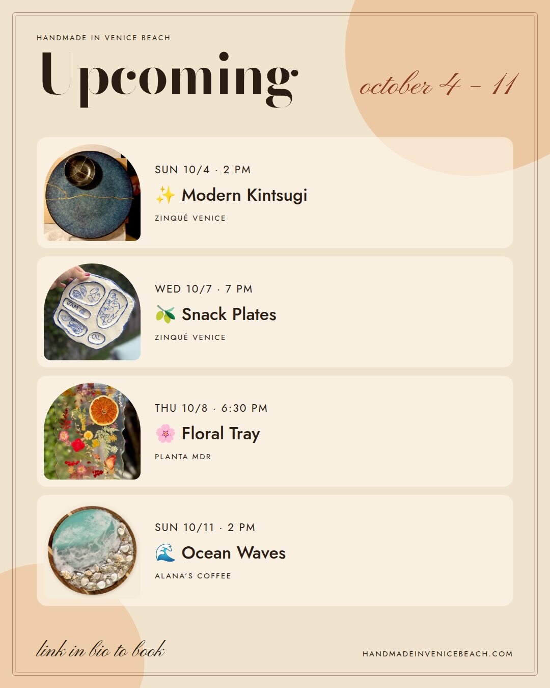 Handmade in Venice Beach October 4–11 workshop schedule
