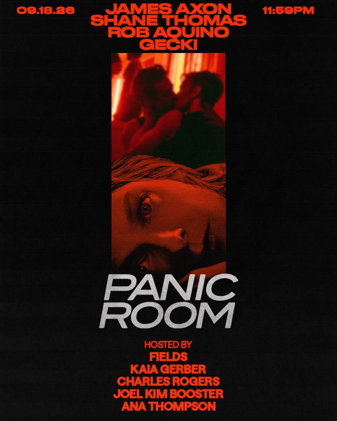 Panic Room flyer for September 18 at 11:59 PM, listing DJs James Axon, Shane Thomas, Rob Aquino and GECKI and all five hosts