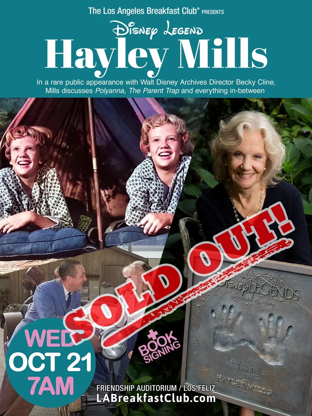 Los Angeles Breakfast Club flyer for Disney Legend Hayley Mills with Becky Cline, book signing, October 21 at 7am.