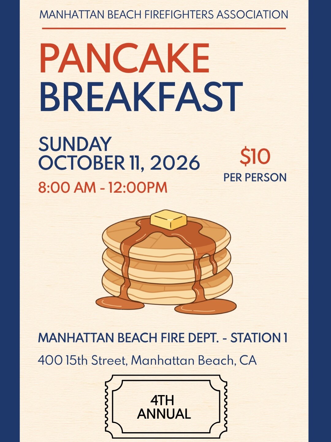Fourth annual Manhattan Beach Firefighters Pancake Breakfast flyer