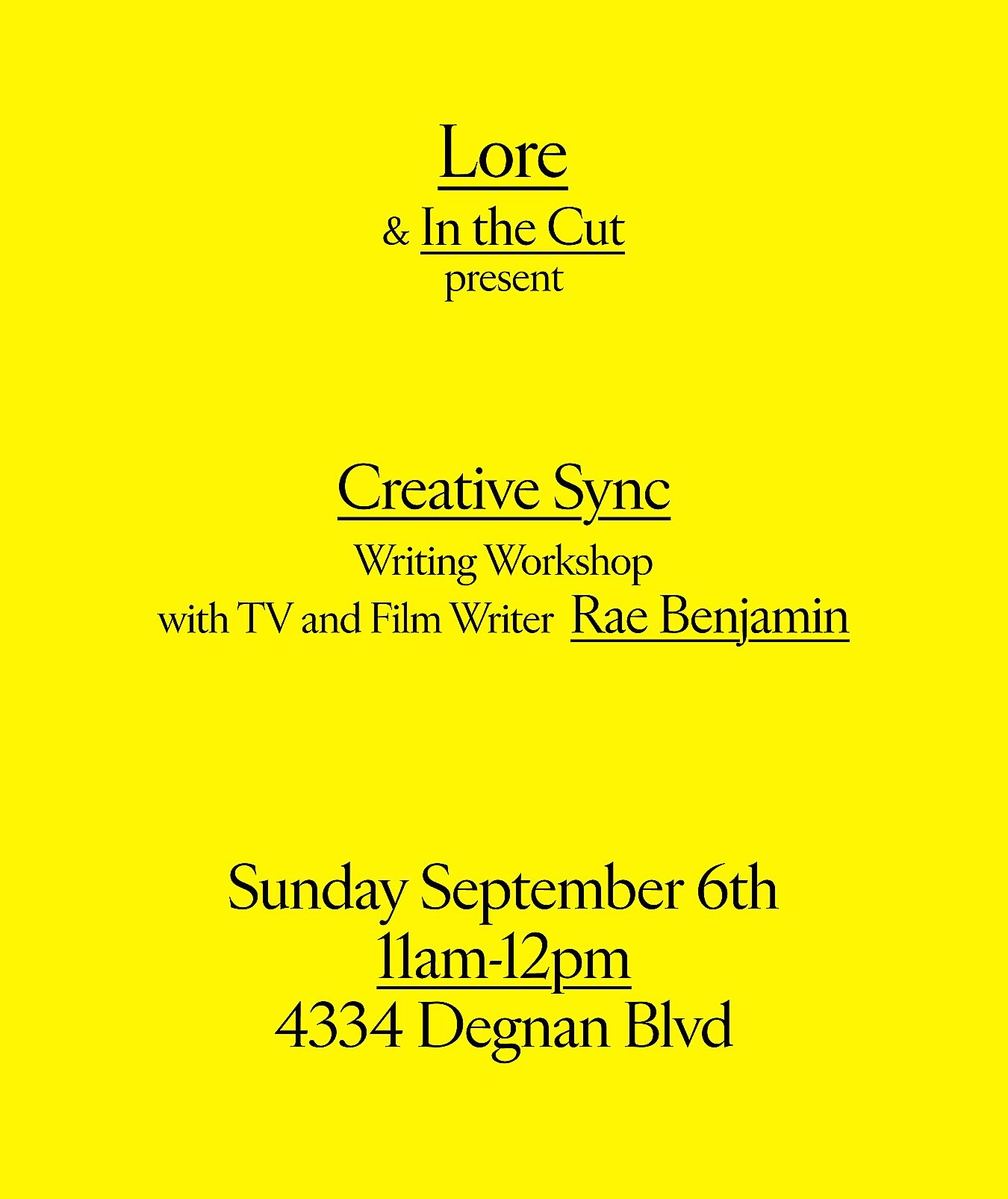 Creative Sync writing workshop with Rae Benjamin at LORE on September 6