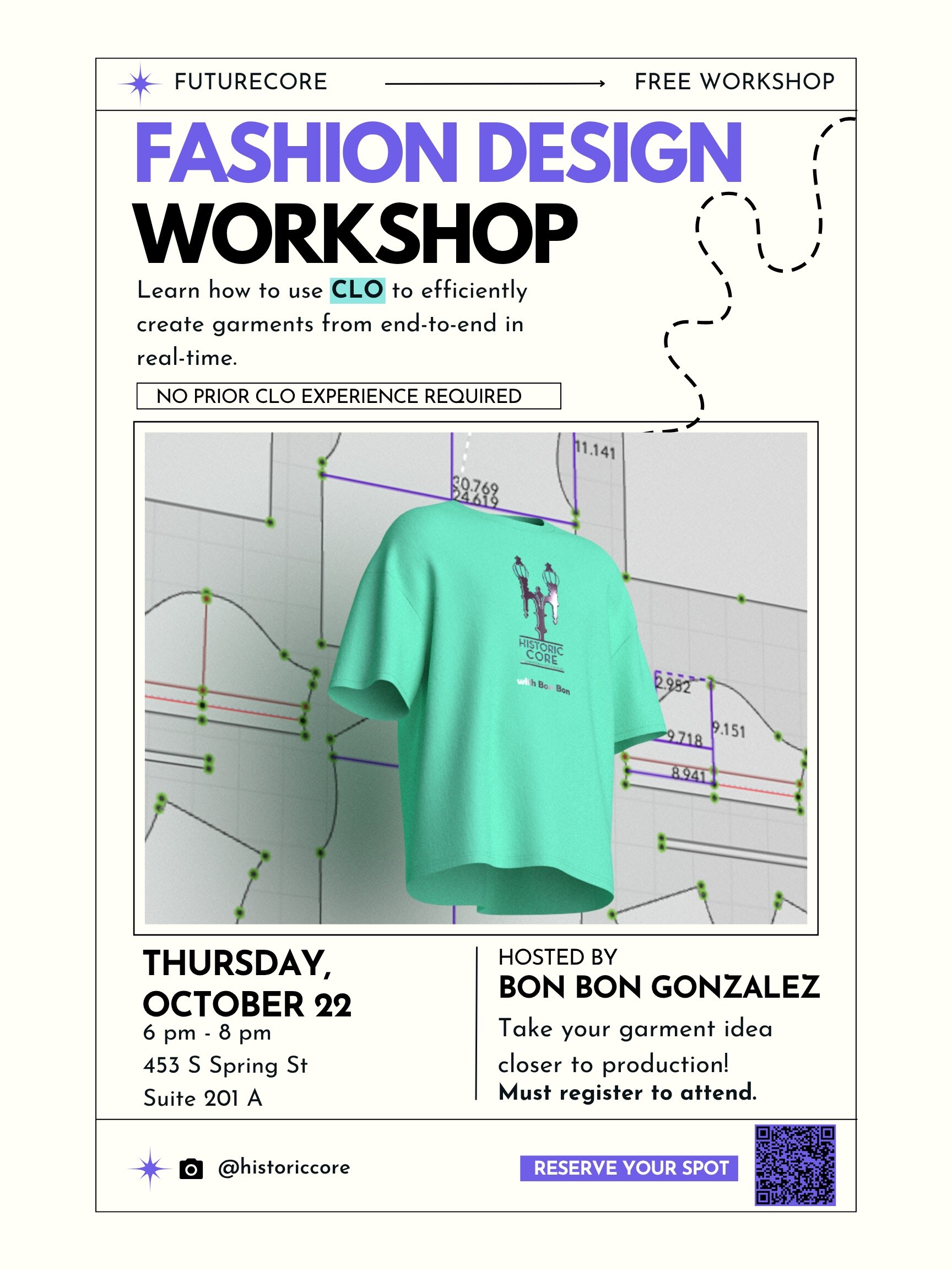 futurecore Workshop 01 flyer for the October 22 CLO fashion-design session with Bon Bon Gonzalez.