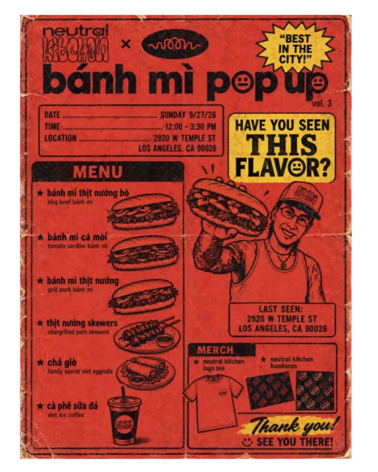 Neutral Kitchen and Woon bánh mì pop-up menu flyer for September 27.