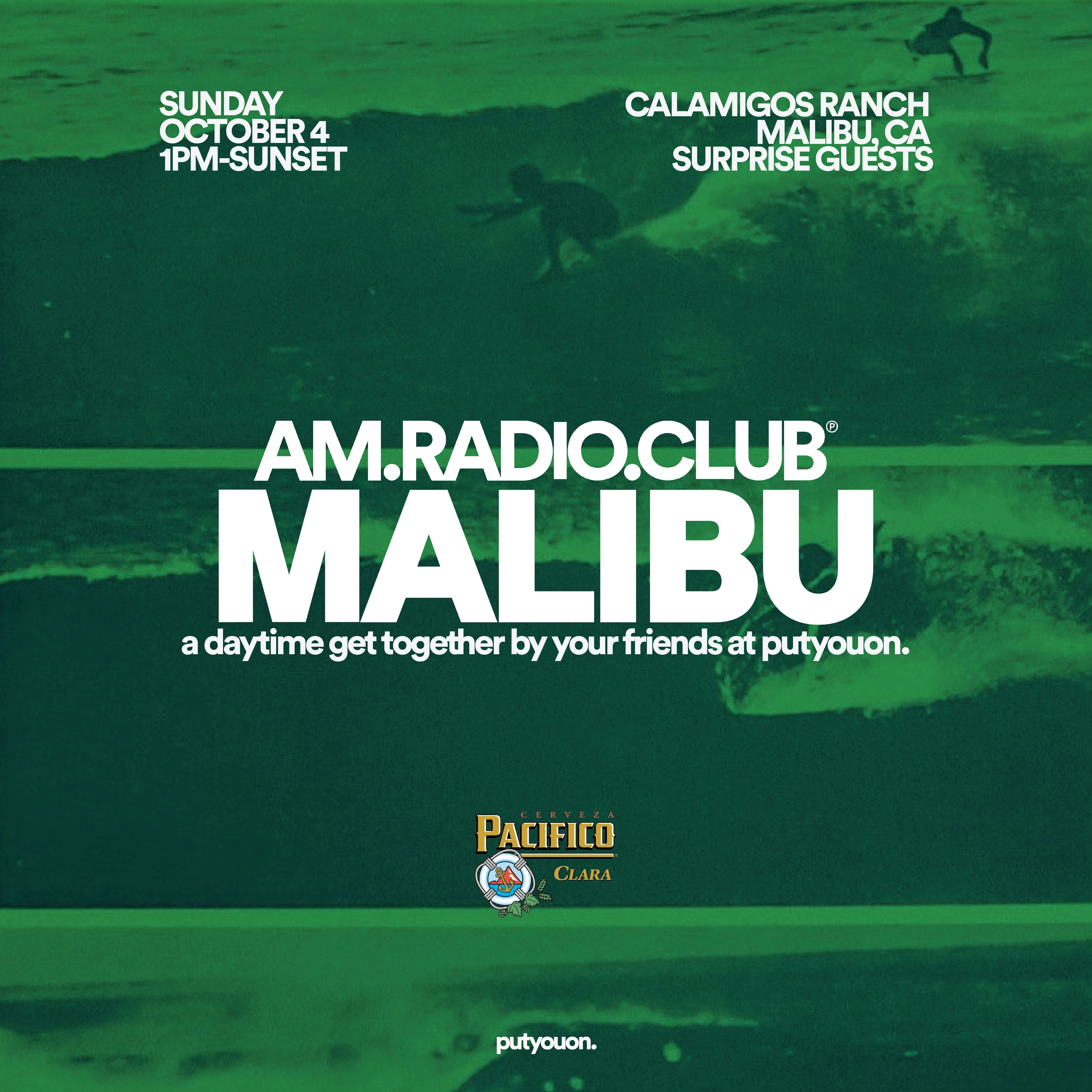 AM.RADIO.CLUB Malibu anniversary party flyer with October 4 date and Calamigos Ranch venue.